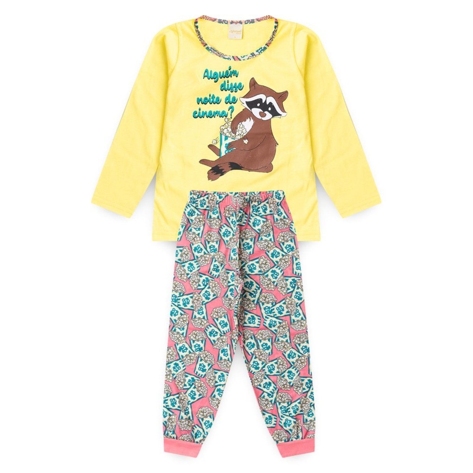Pijama Longo Menina Amarelo Guaxinim Noite de Cinema