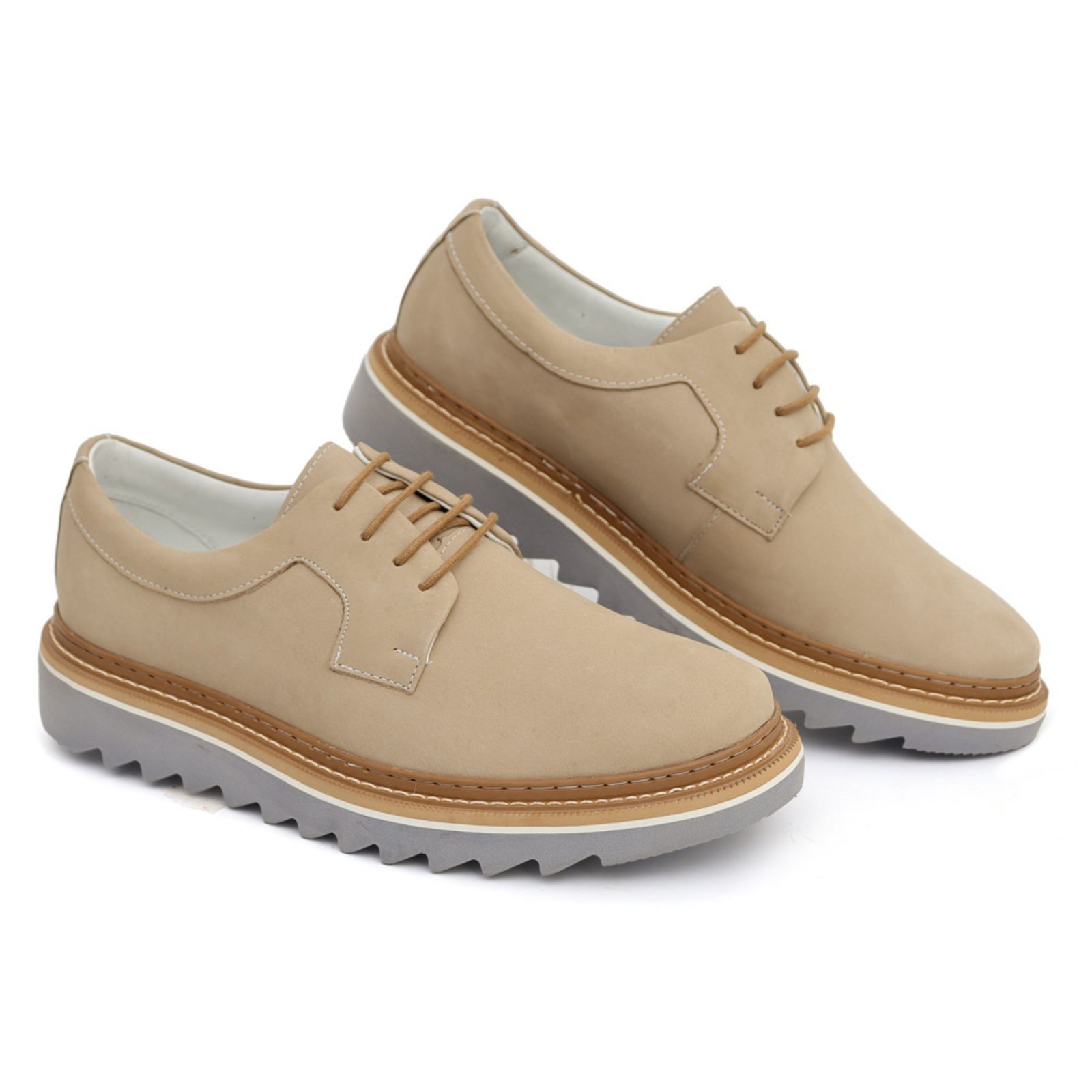 Sapato Oxford Masculino Derby Tratorado Mr Light Couro Nobre Nobuck Bege