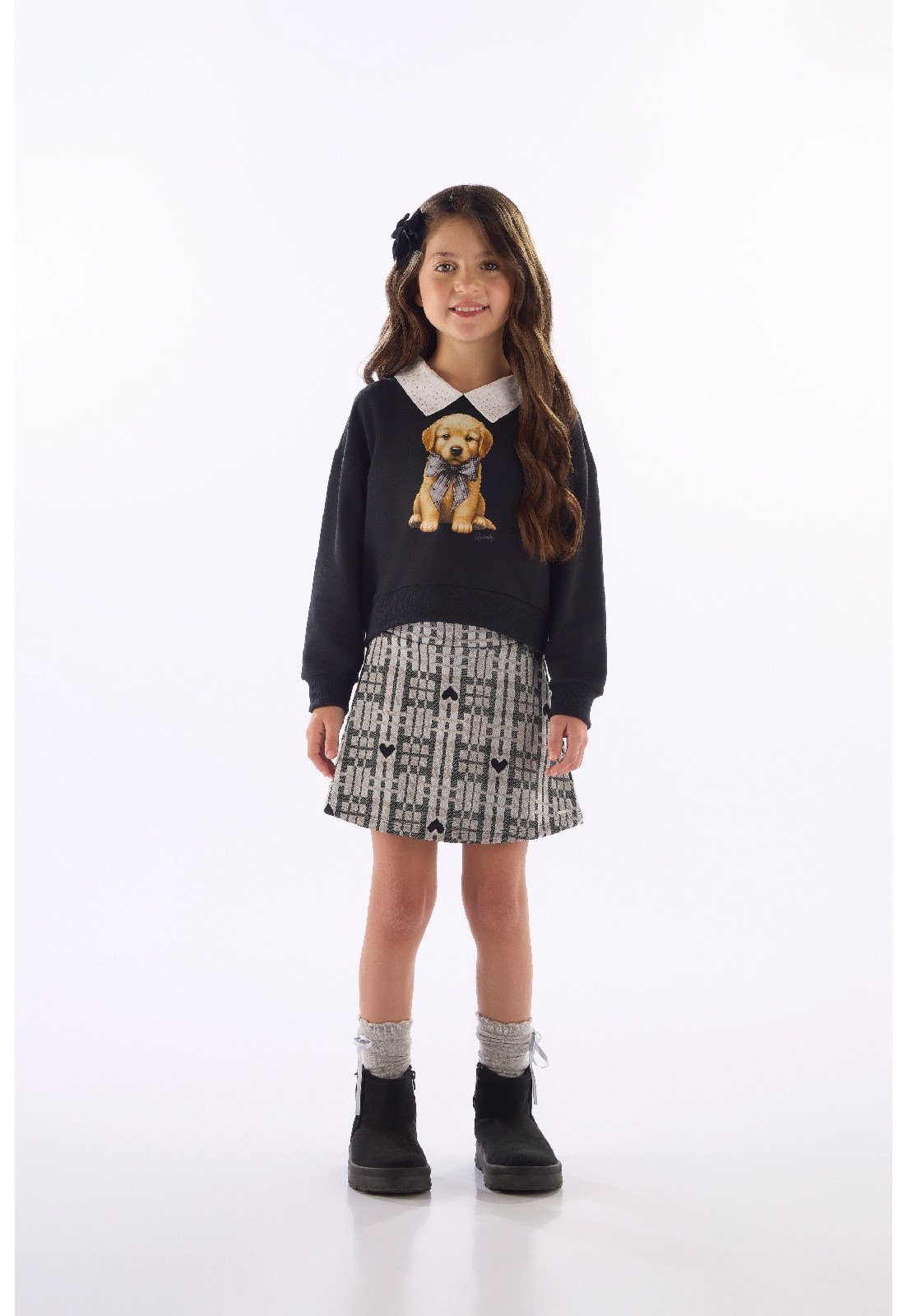 Infantil - Conjunto Blusão Golden Saia Xadrez Quimby Preto