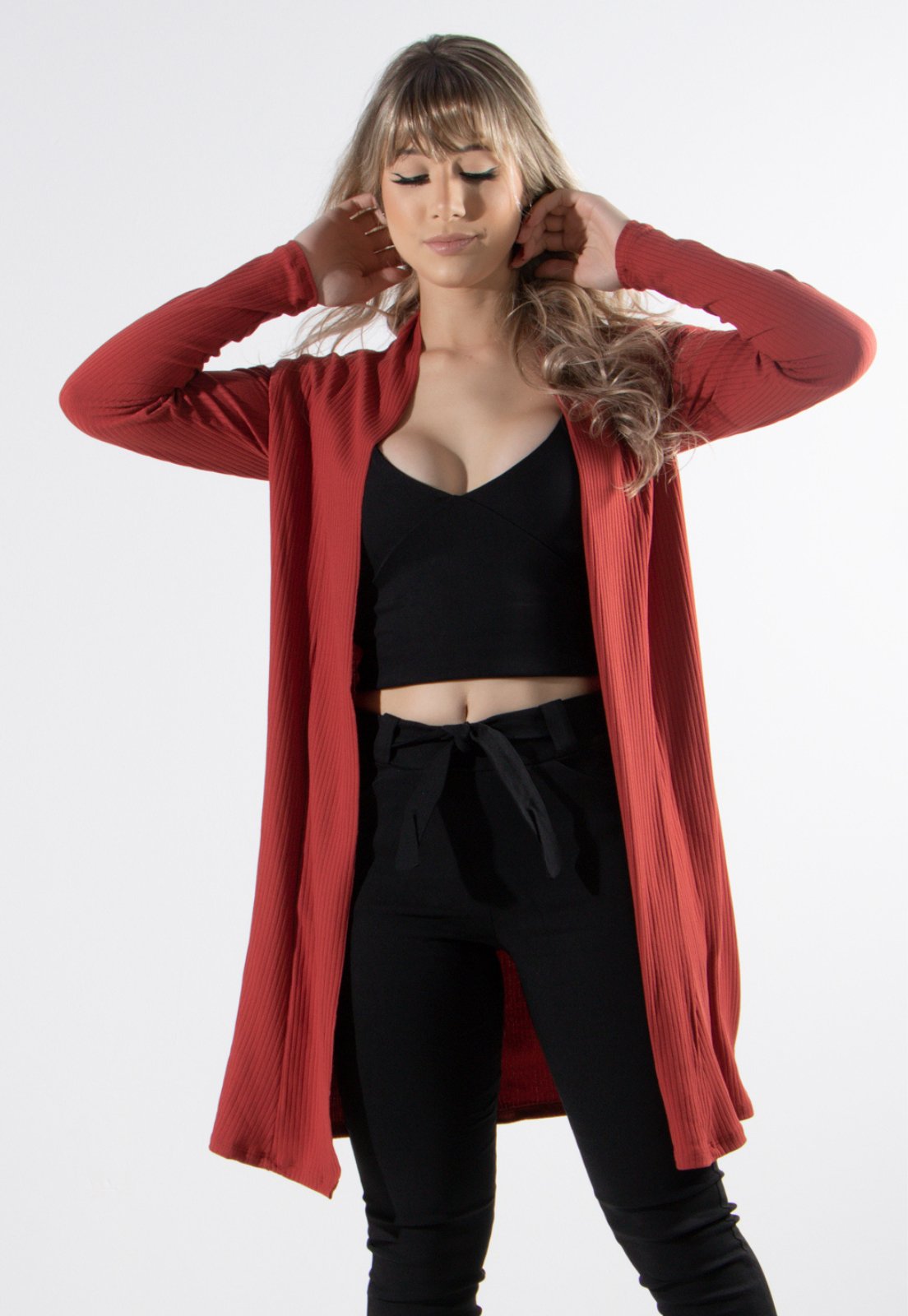 Cardigan Kimono Serra e Mar Modas Canelado Terracota