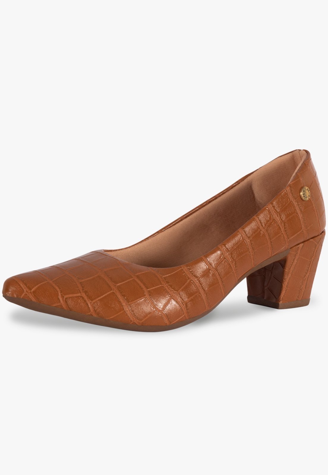 Scarpin Feminino Takata Salto Baixo Bloco Grosso Sapato Social Croco Caramelo