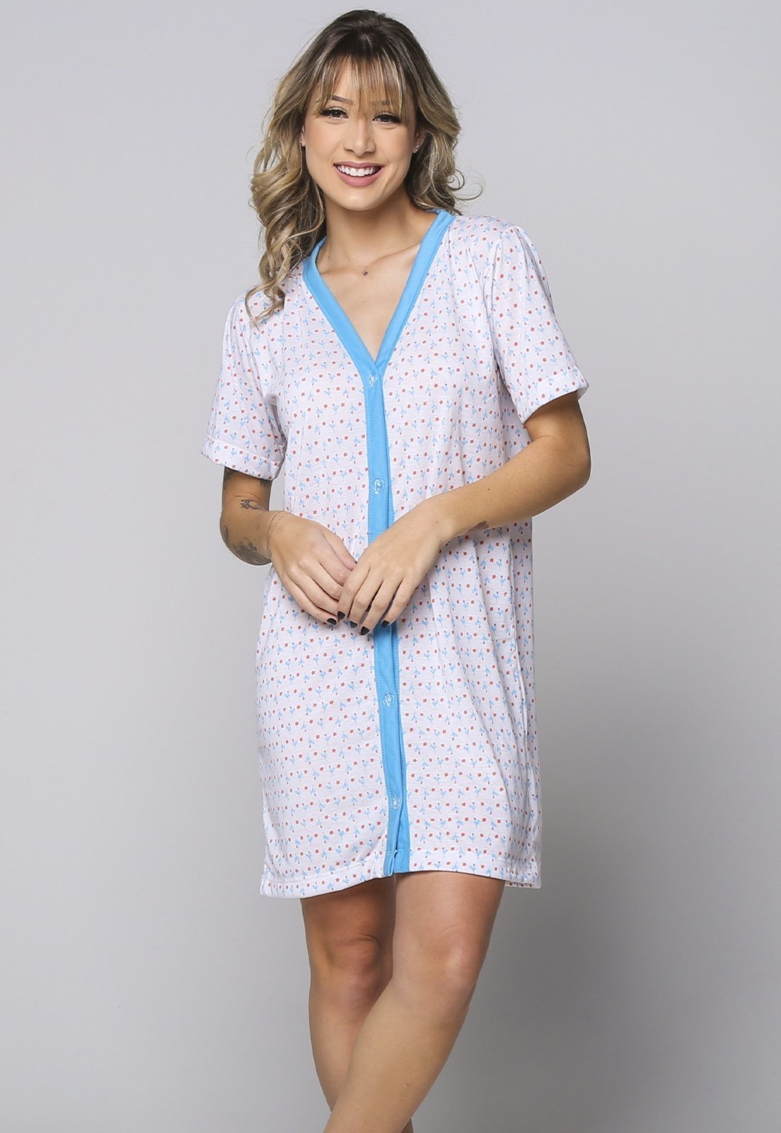 Camisola Aberta com Botão Bella Fiore Modas Pós Cirúrgica Helena Azul