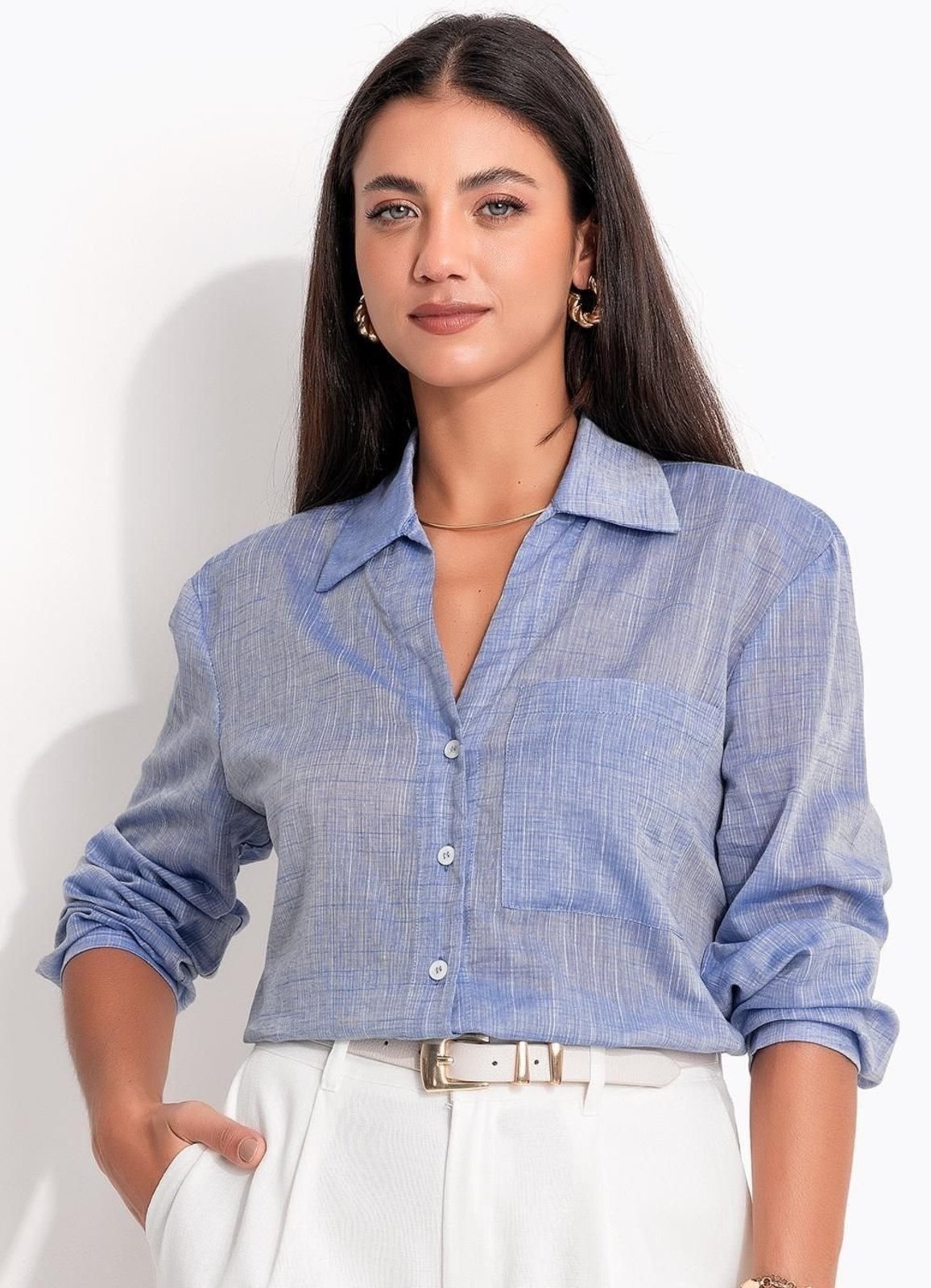 Vista 2 Camisa Em Viscose Voil Quintess azul Quintess azul