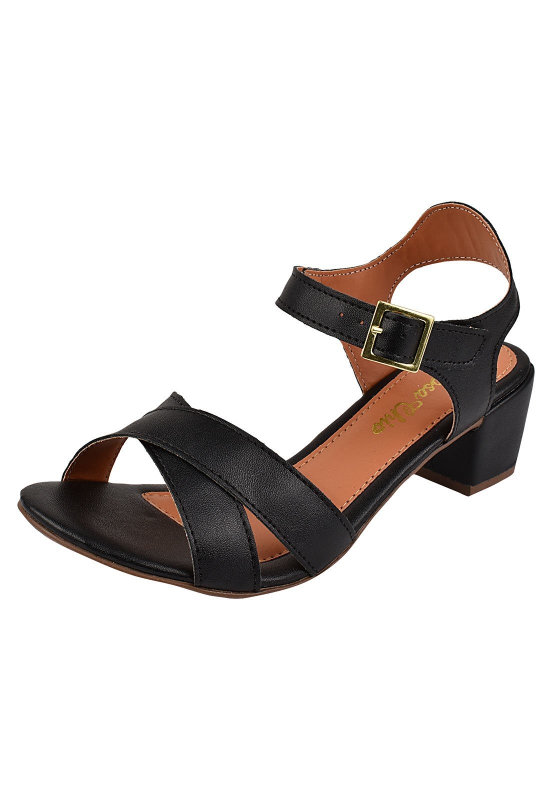 Sandália Salto Grosso Rosa Chic Calçados Feminino Salto Baixo Bloco Bico Redondo Preo