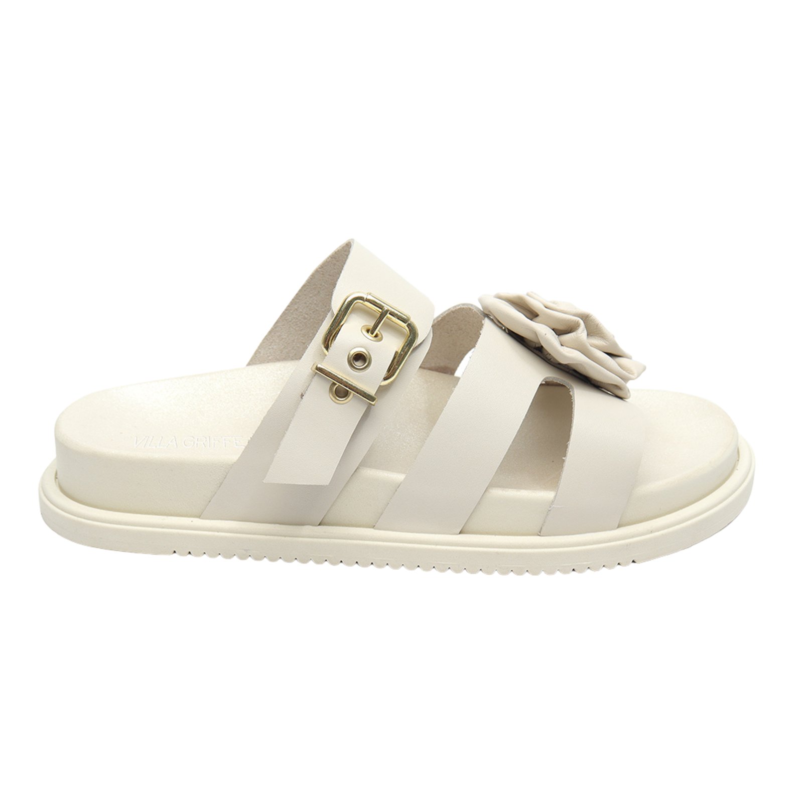 Sandália Papete Feminina Couro Off White Recorte H Detalhe Flor Tira Fivela Regulável