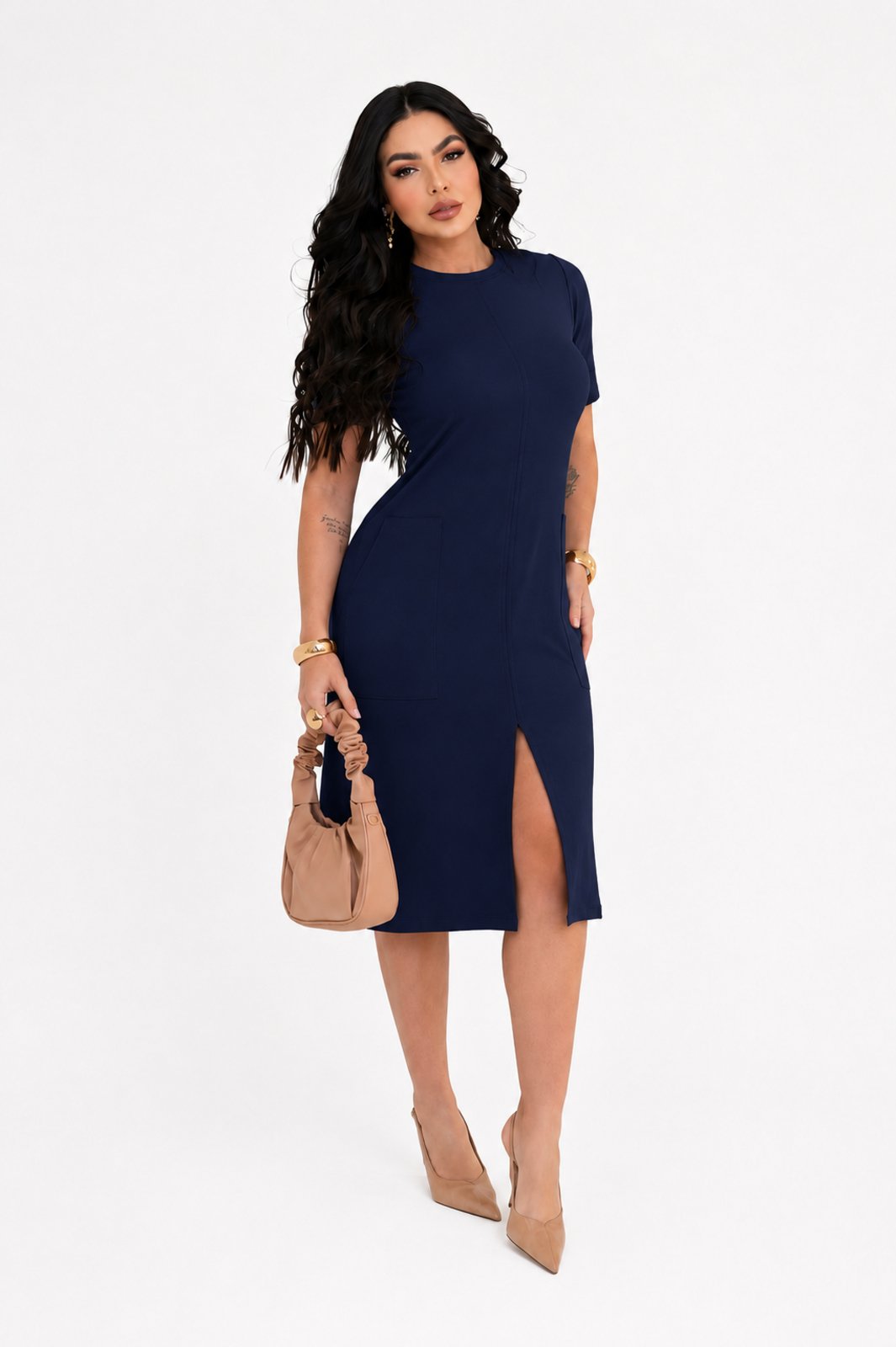 Vestido Midi D Bell Outlet Fashion Moletinho Comfy Azul Marinho