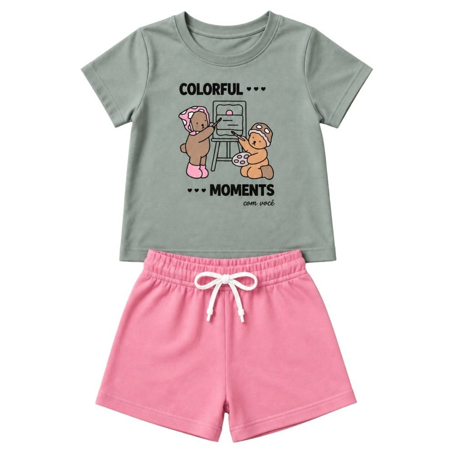 Infantil - Conjunto Menina Blusa Meia Malha Penteada Bermuda Moletinho