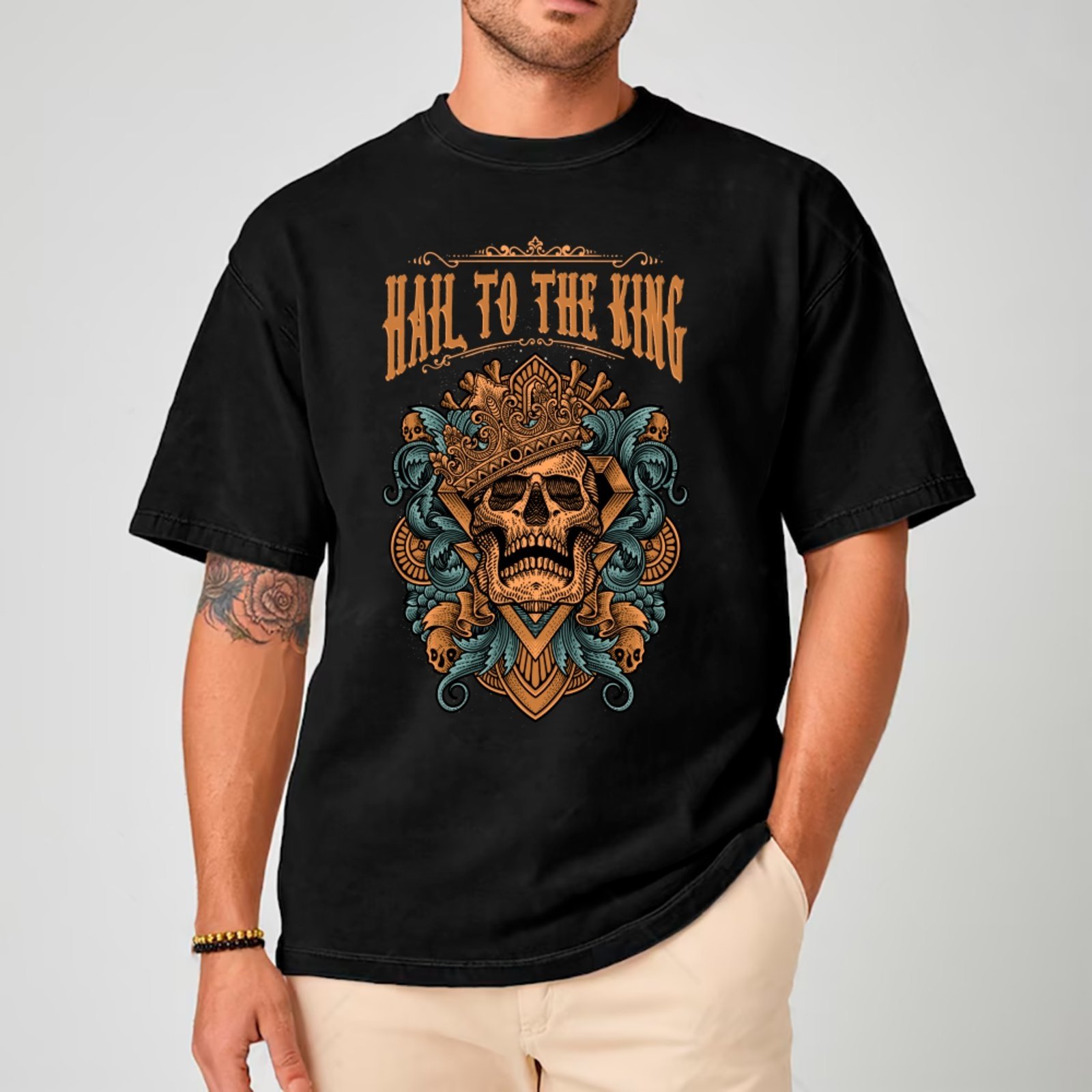 Vista 2 Camiseta Ousy Unissex Streetwear Skull Hail To The King Visual Impactante Oversized branco ousy branco
