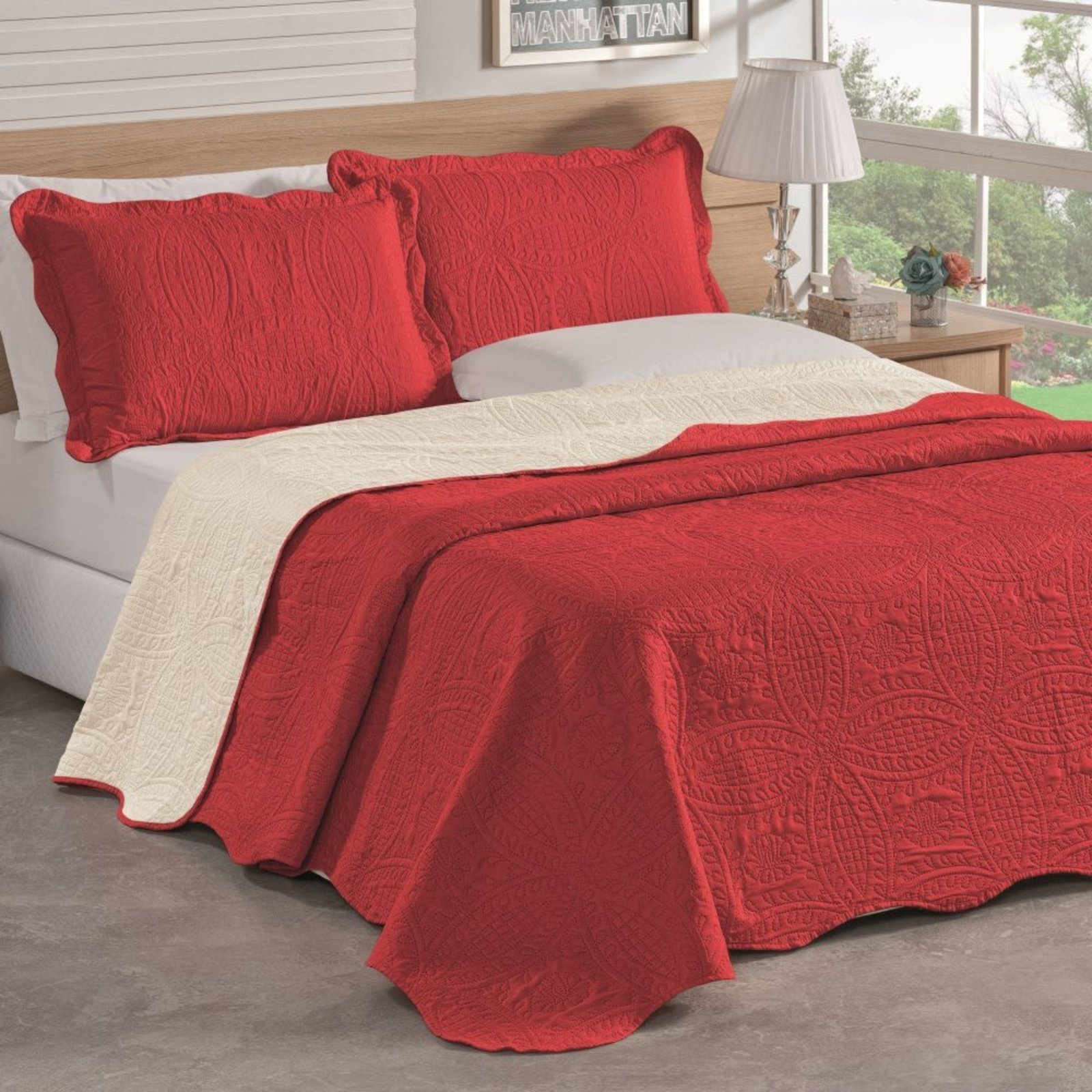 Colcha King Bouti dupla Face 03 Peças - Vermelho - 100% Poliéster