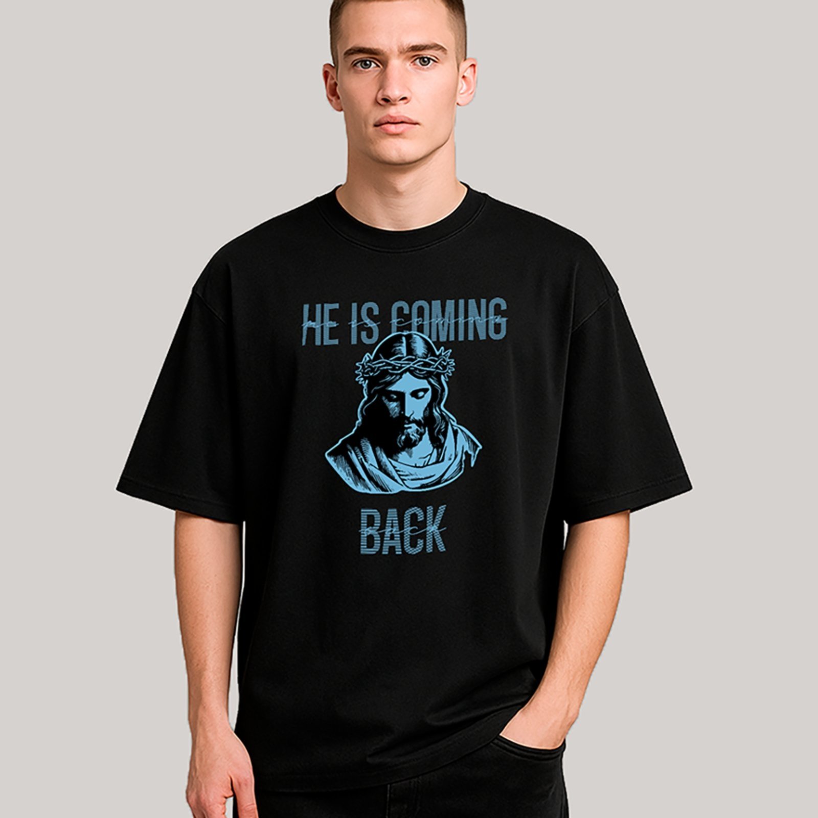 Camiseta Unissex Ousy Cristã He Is Coming Back Streetwear Oversized Preta