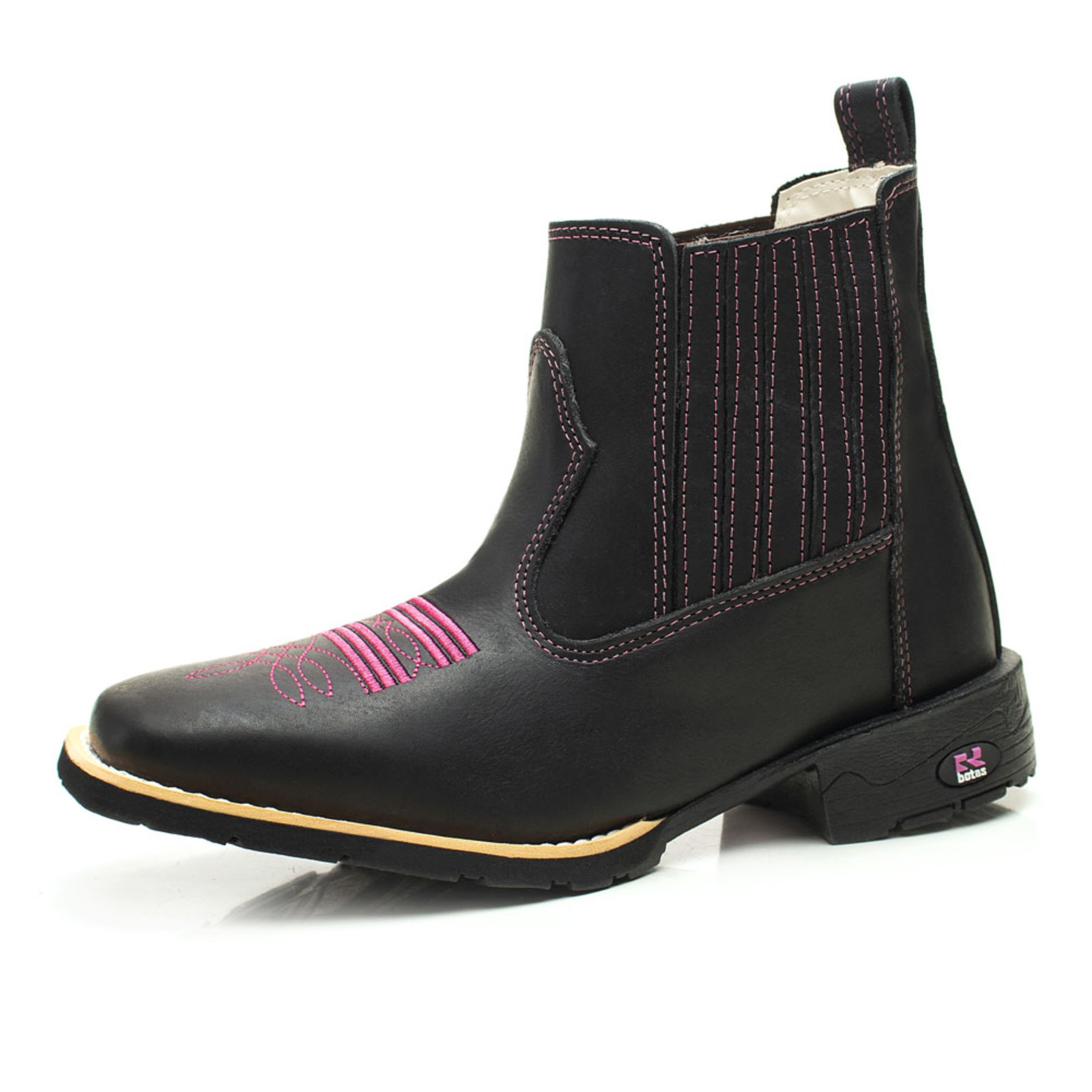 Bota Botina Feminina RR Botas Country Couro Com Bordado Bico Quadrado Preto Rosa