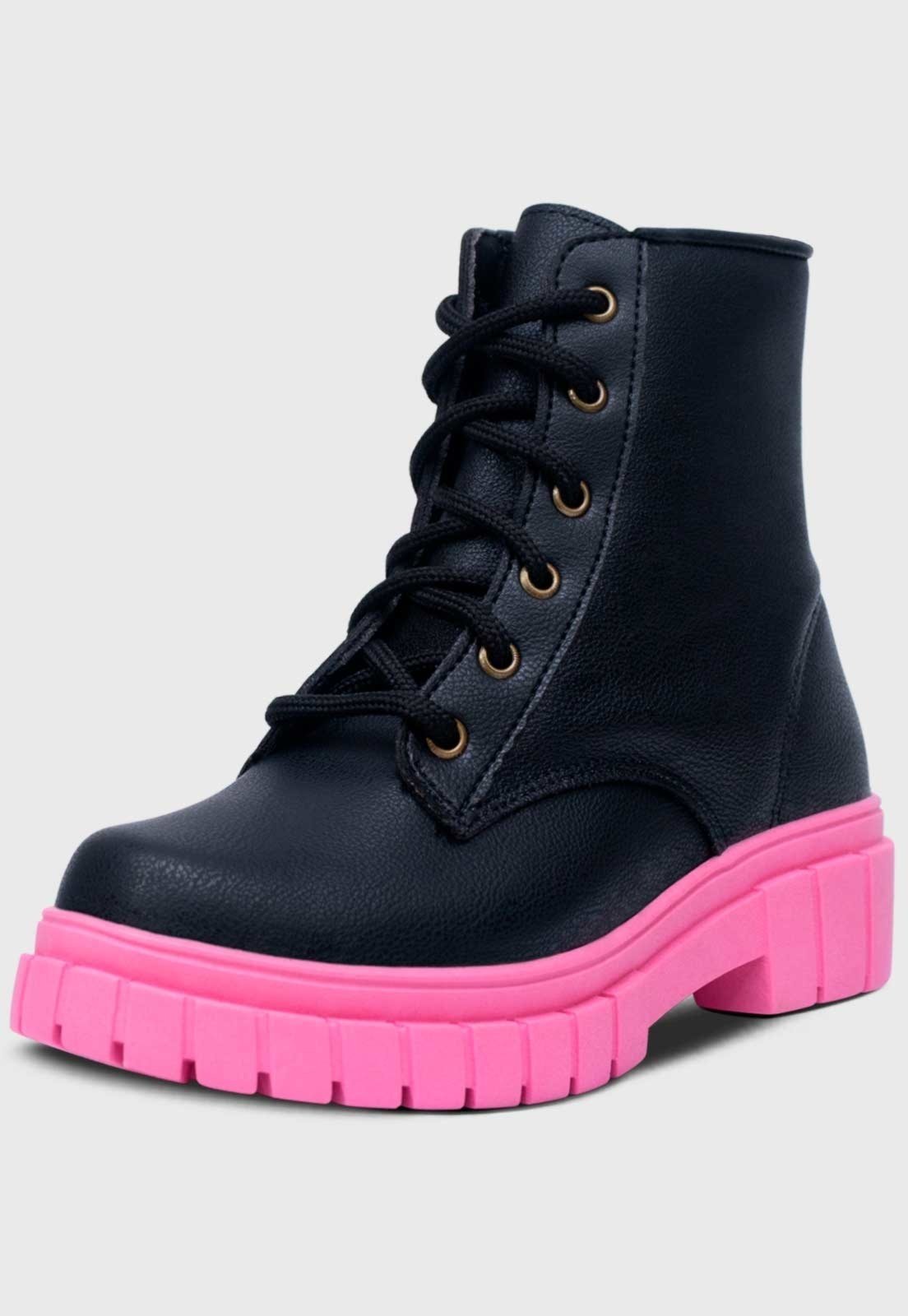 Infantil - Bota Coturno Popidi Menina Tratorado Preto Sola Pink