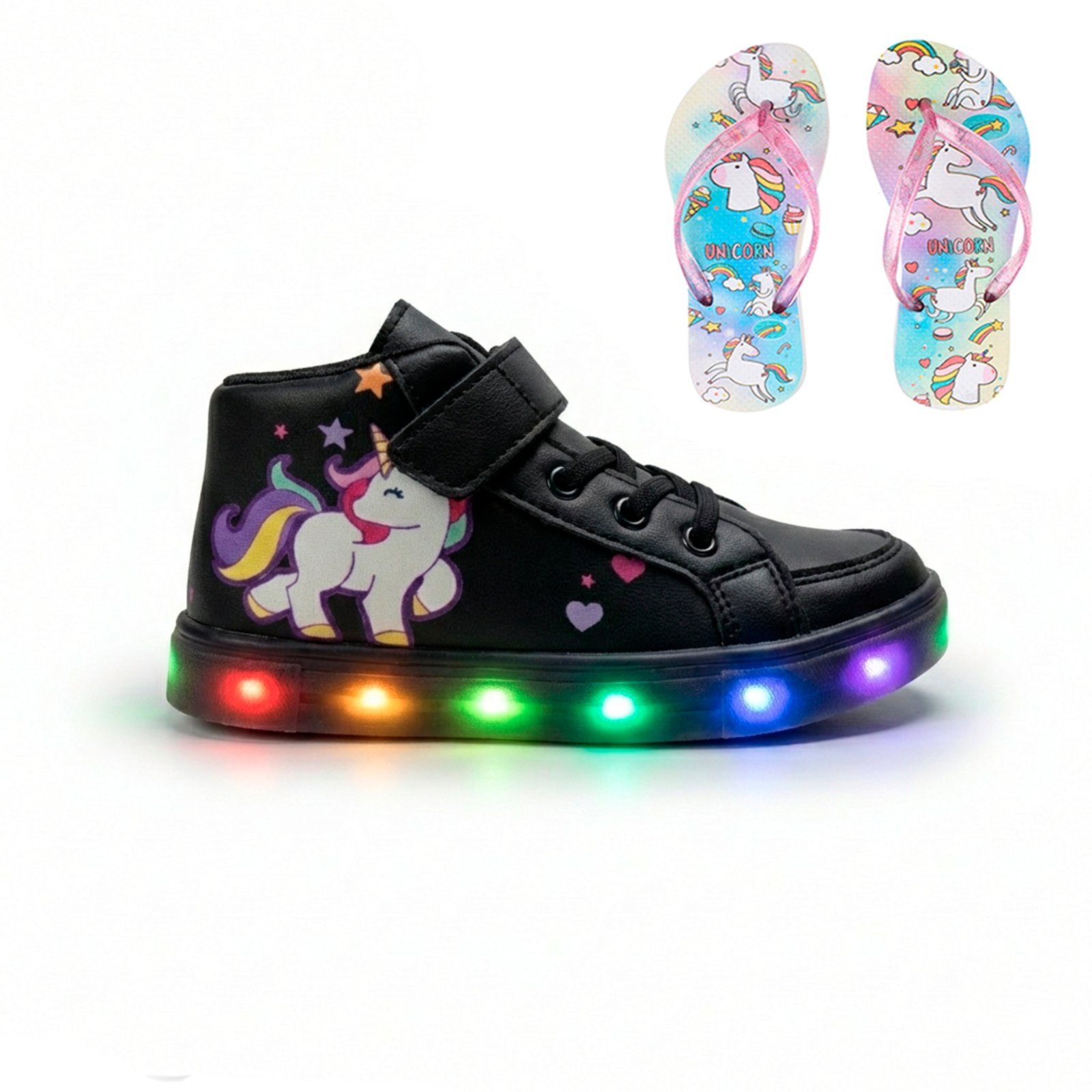 Infantil - Conjunto de Calçados com Tênis Botinha de Led para Meninas Unicórnio + Chinelo Leve e Macio