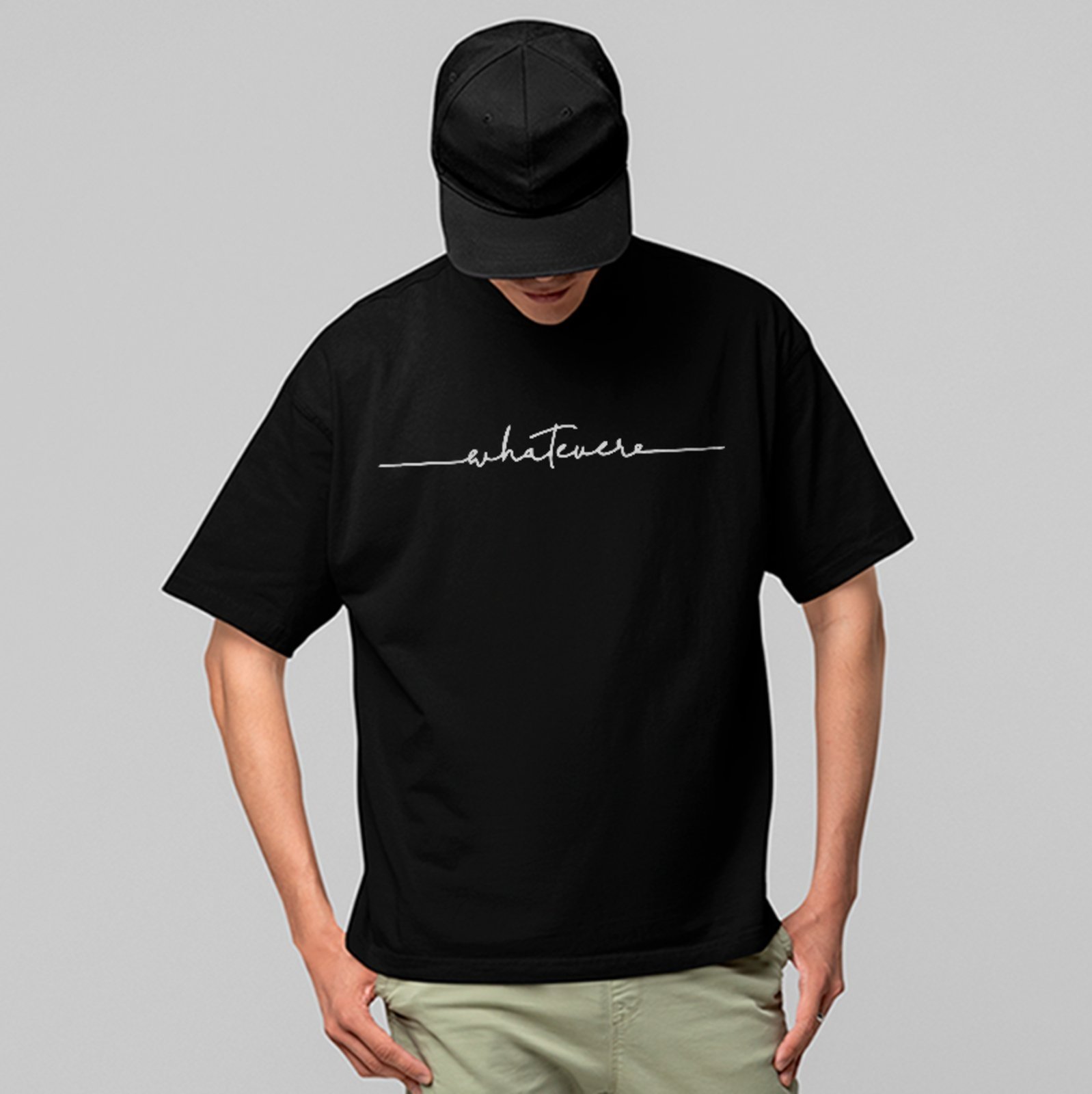 Camiseta Oversized Whatever Estampa Minimalista Casual Unissex Preto