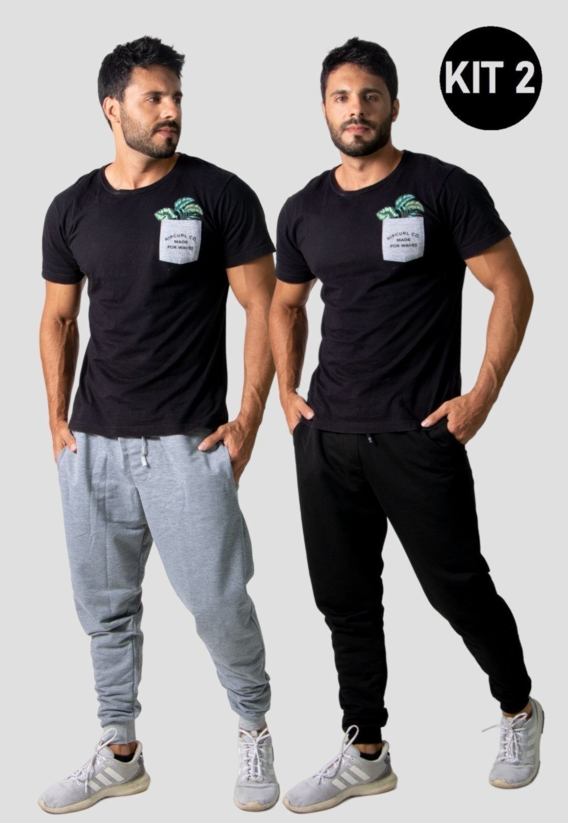 Kit 2 Calças Moletinho 4 Estações Masculino Flanelado Lisa Inverno Com Punho Preto/Cinza