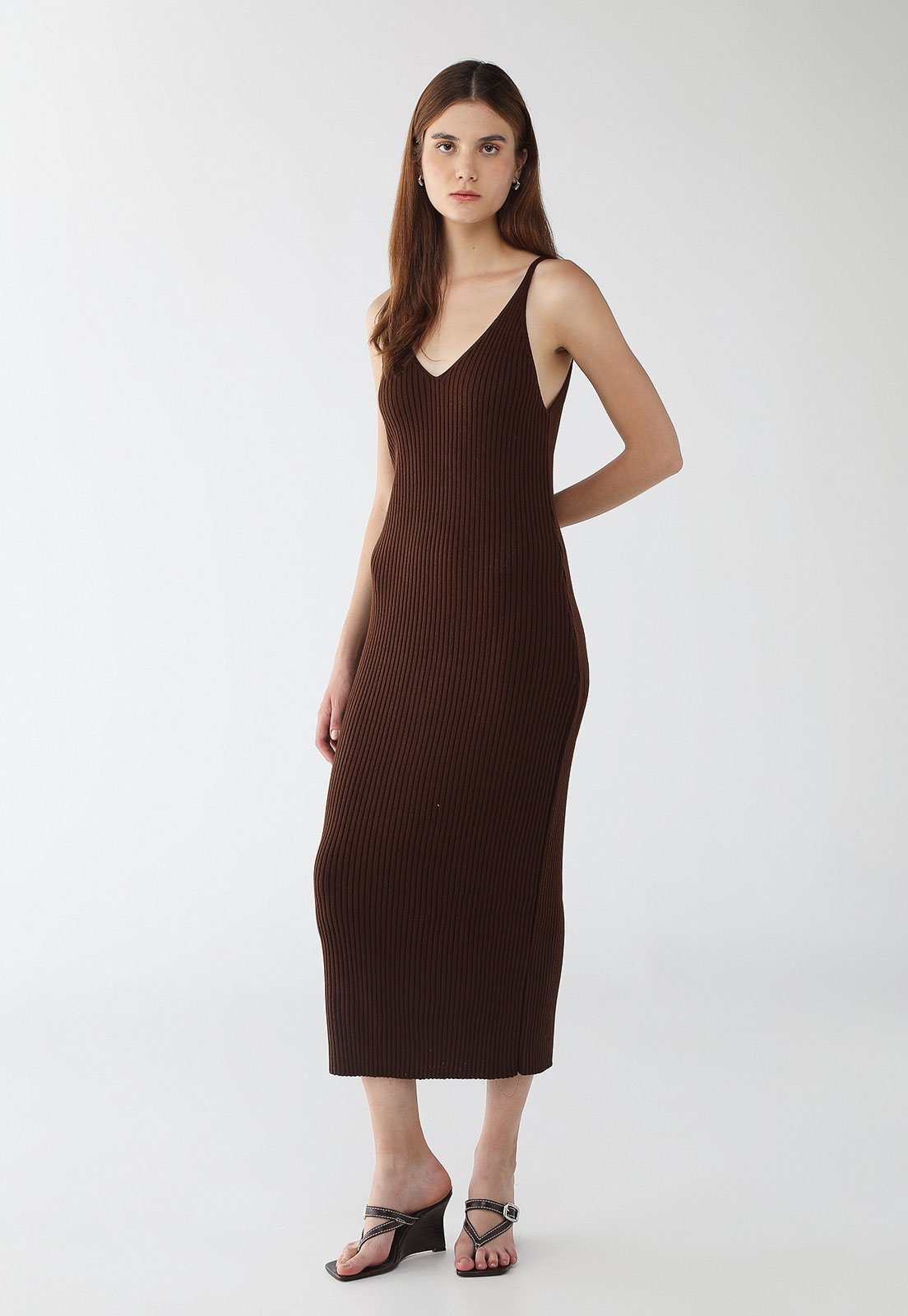 Vestido Feminino My Favorite Tricot Super Midi Alças Marrom