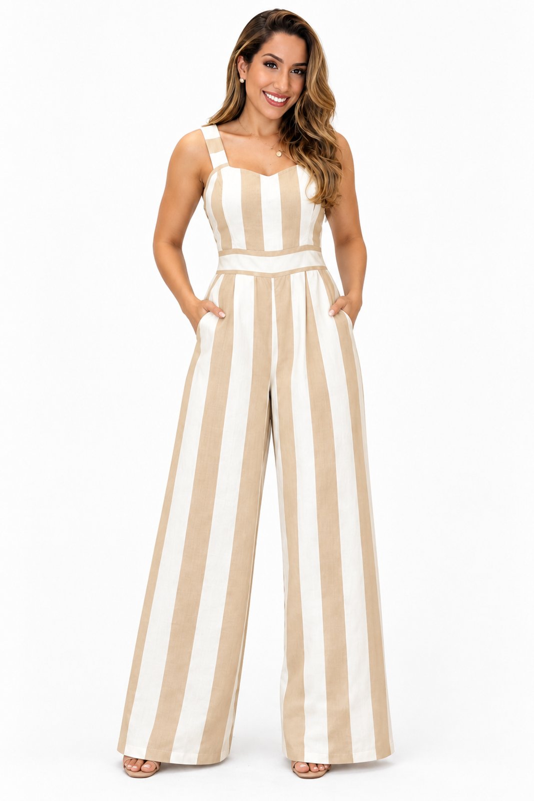 Macacão Feminino D Bell Outlet Fashion Longo de Viscolinho Listrado Bege