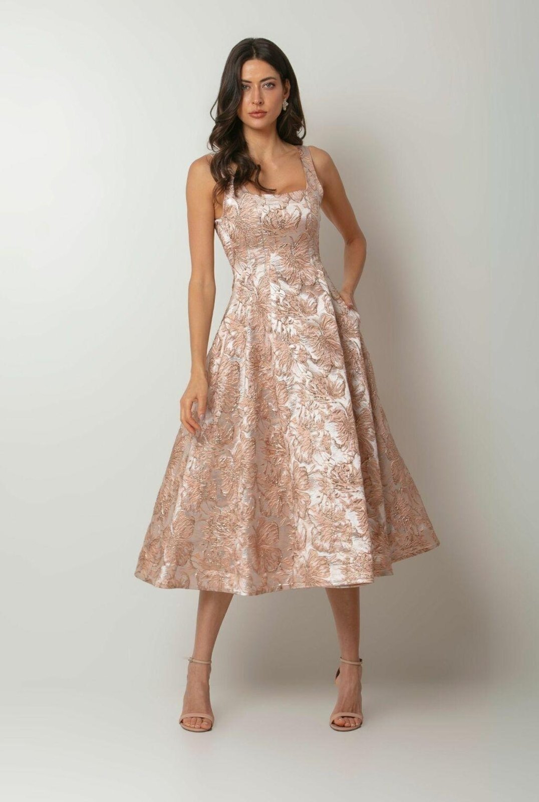 Vestido Ton Âge Midi Decote Quadrado com Bolsos Rosé Rosa