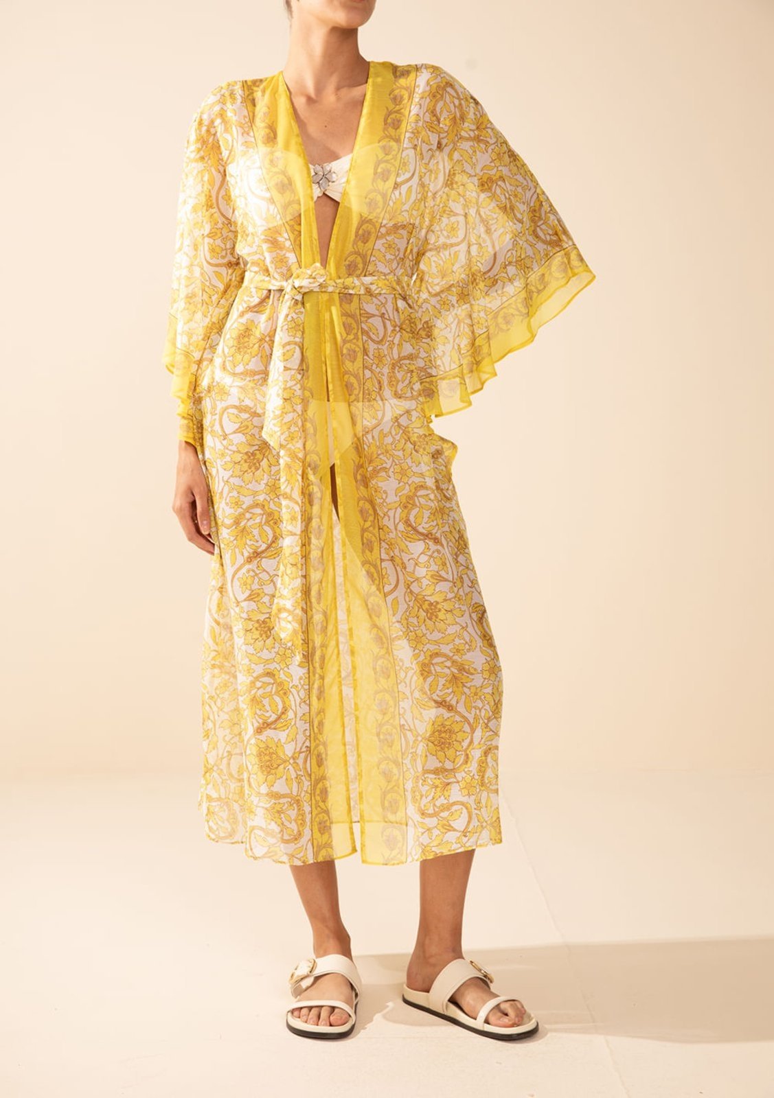 Vista 3 Kaftan Morena Rosa Solto Manga 3 Quartos Padrão Amarelo amarelo rosa Morena Rosa amarelo rosa