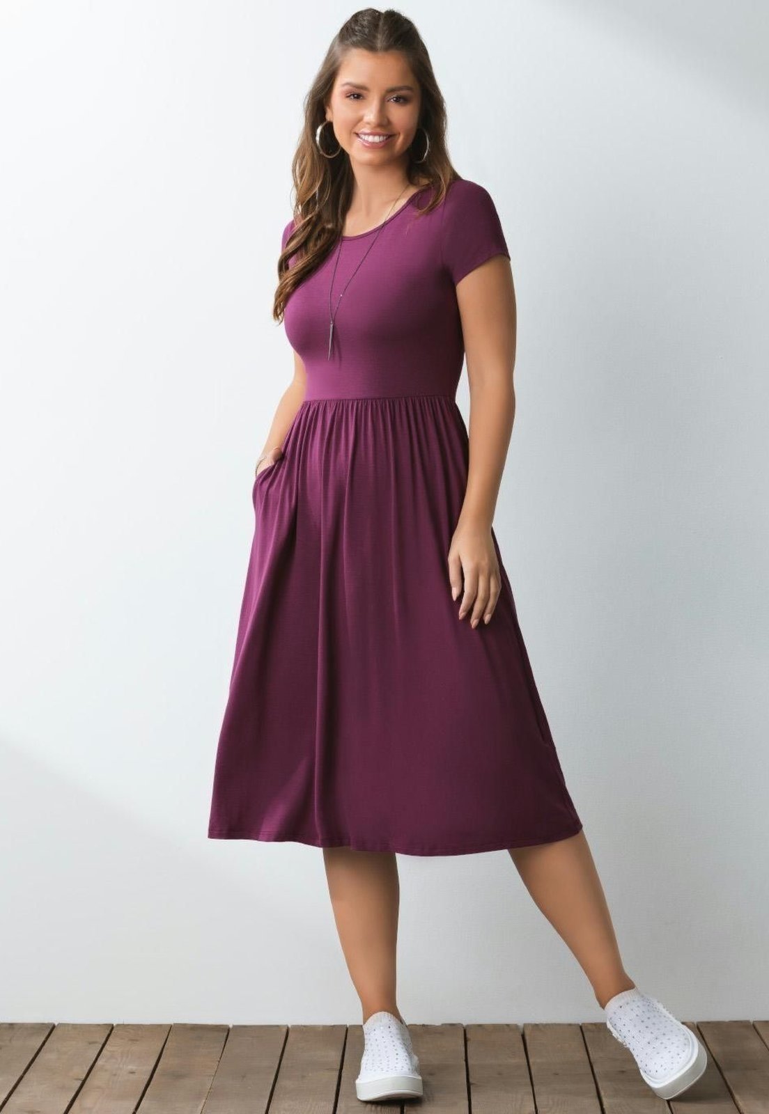 Vestido Midi Acinturado Com Bolsos Roxo Quintess