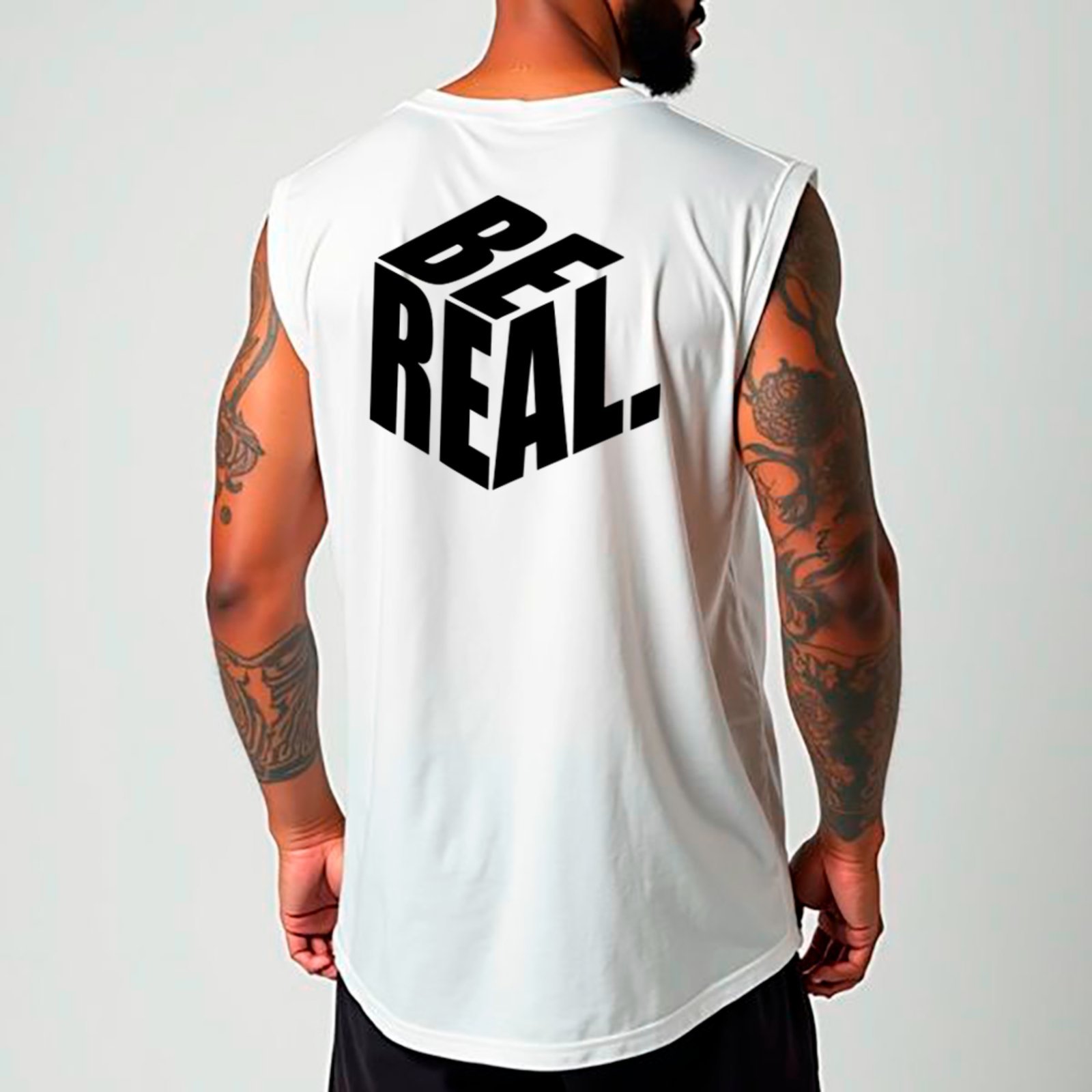 Camiseta Regata Machão Ousy Frase Motivacional Be Real Oversized Masculina Branco