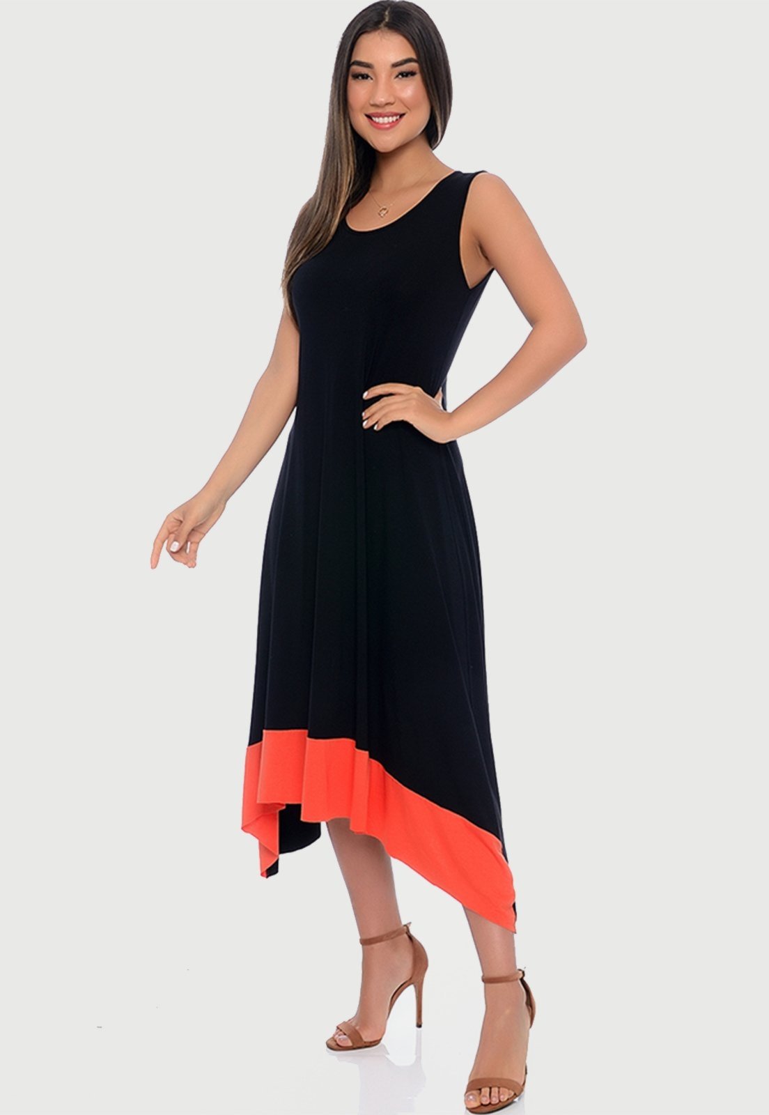 Vista 3 Vestido Midi Assimétrico com Pontas B'Bonnie Nani bege/preto B'Bonnie bege/preto