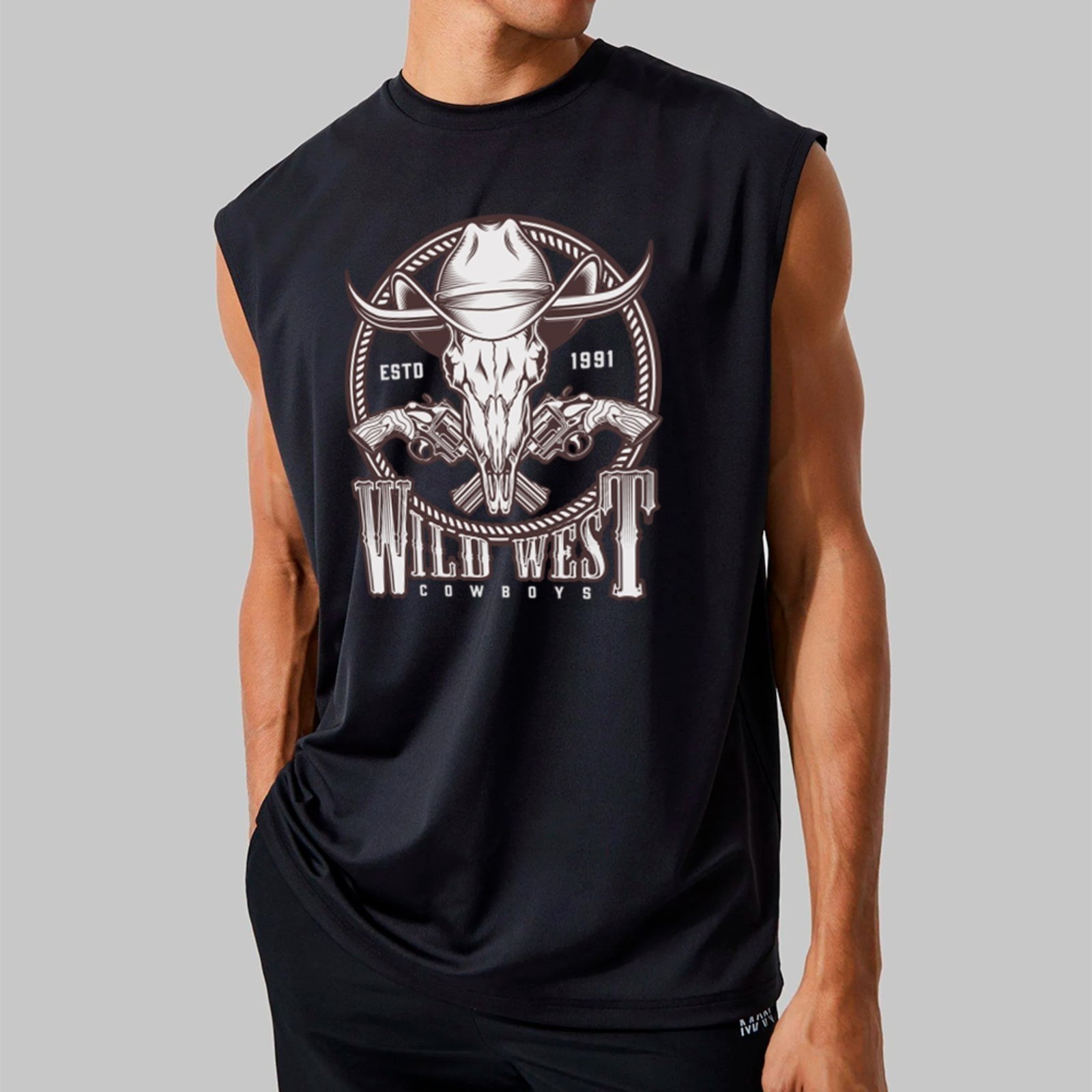 Camiseta Regata Machão Country Wild West Cowboys Estd 1991 Masculina Preto