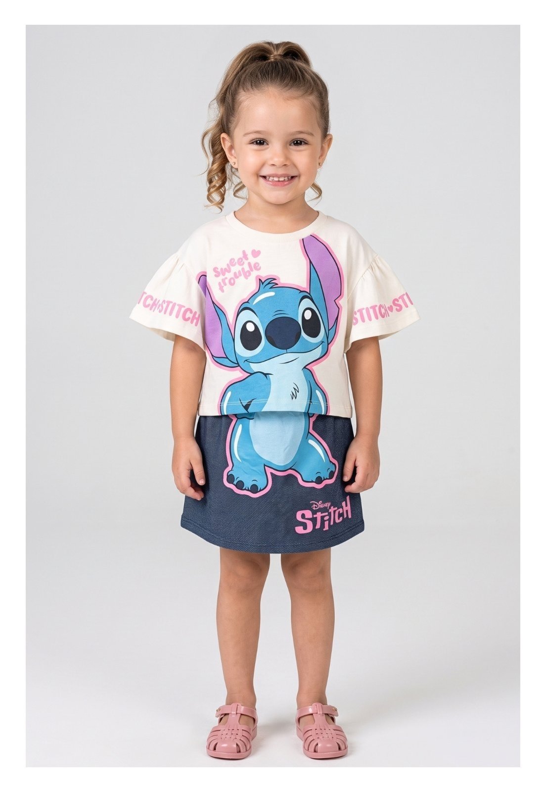 Infantil - Conjunto Disney Menina Stitch Blusa Box e Shorts Saia
