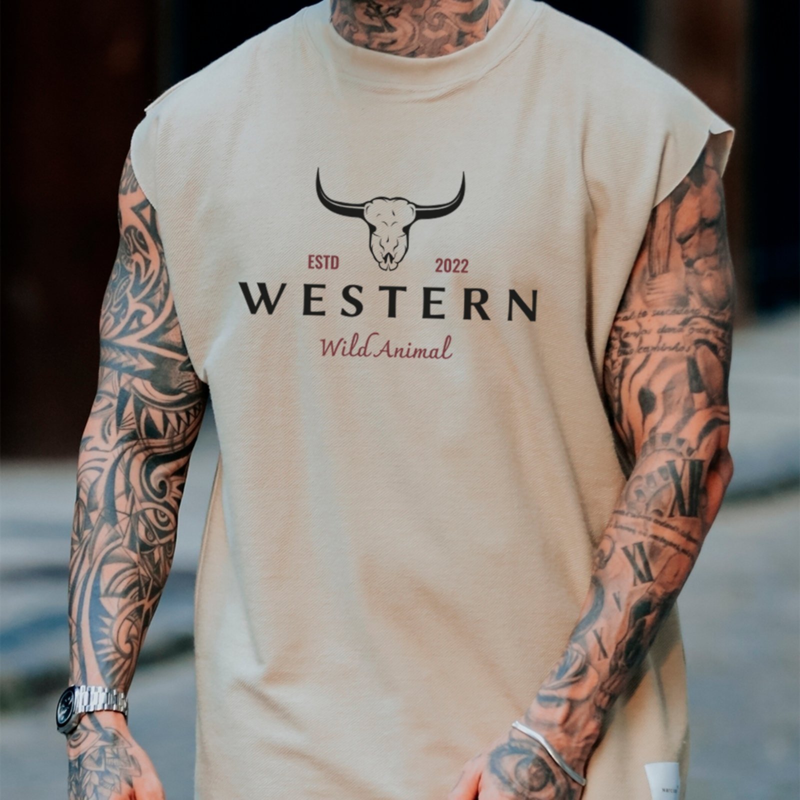 Camiseta Regata Machão Country Western Wild Animal Estd 2022 Masculina Off White