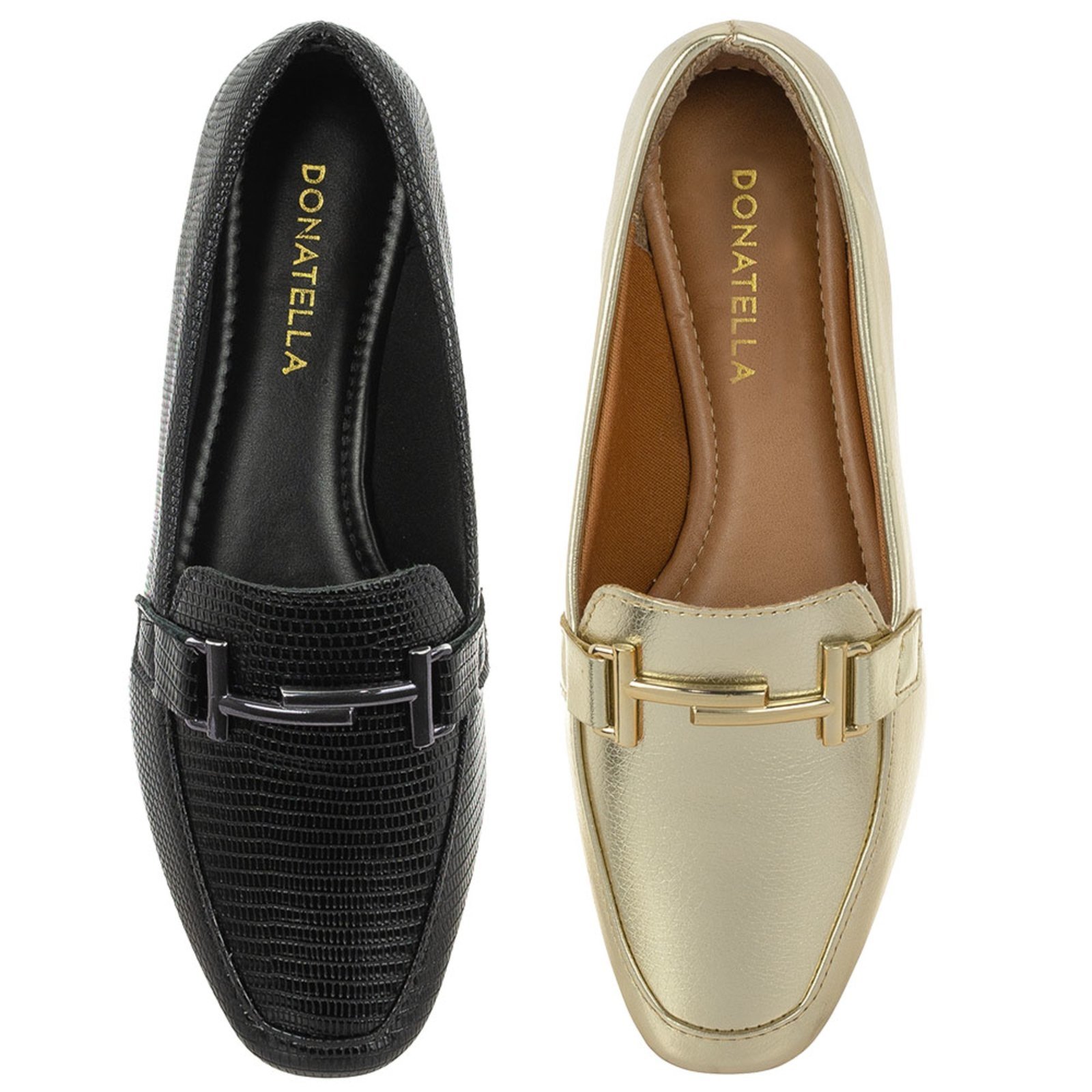 Kit 2 Pares Sapato Feminino Mocassim Donatella Shoes Bico Quadrado Confort Preto e Ouro Light