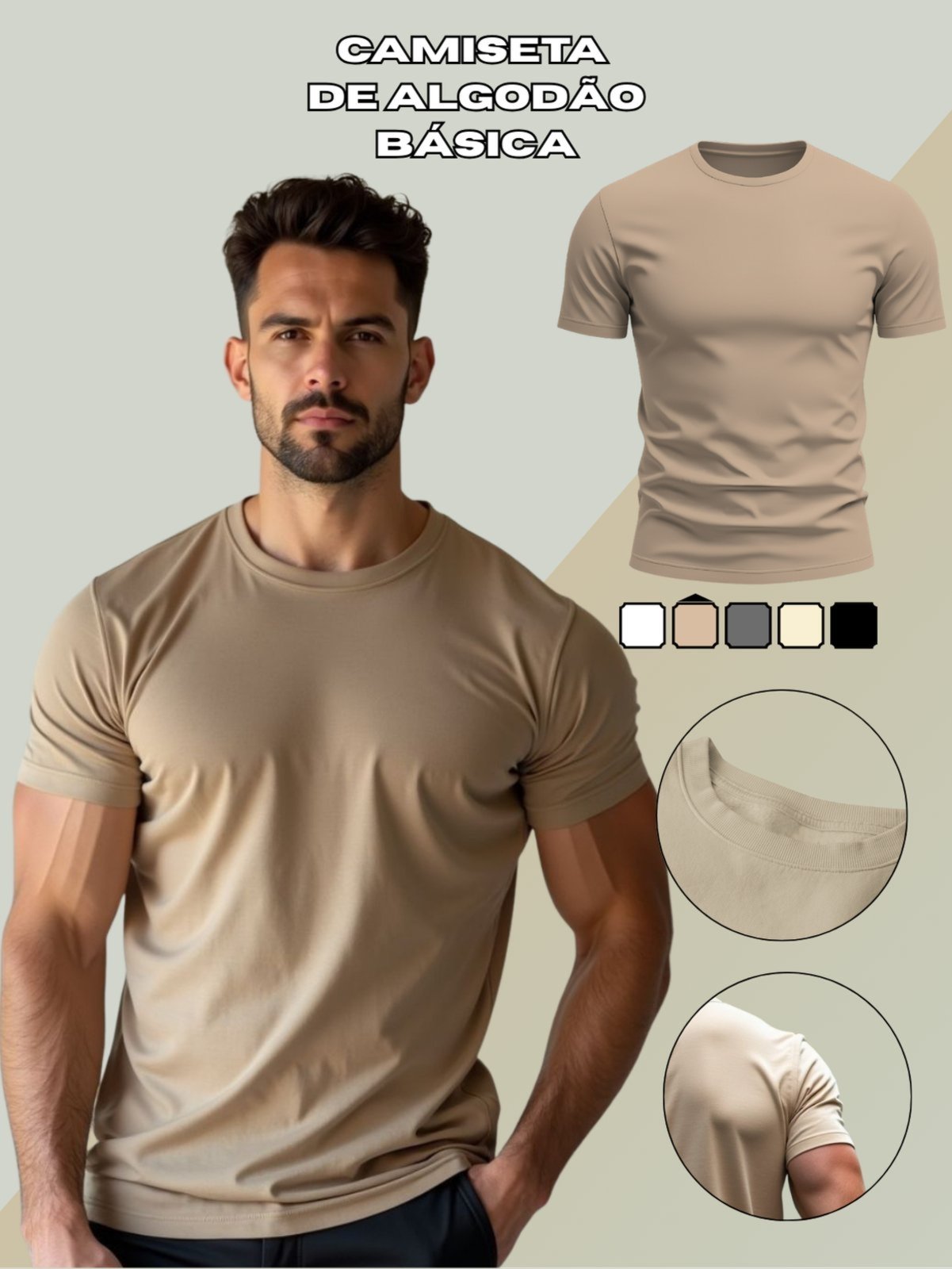 Camiseta Básica Masculina GuGi Lisa T-shirt Moda Camisa Casual Caqui