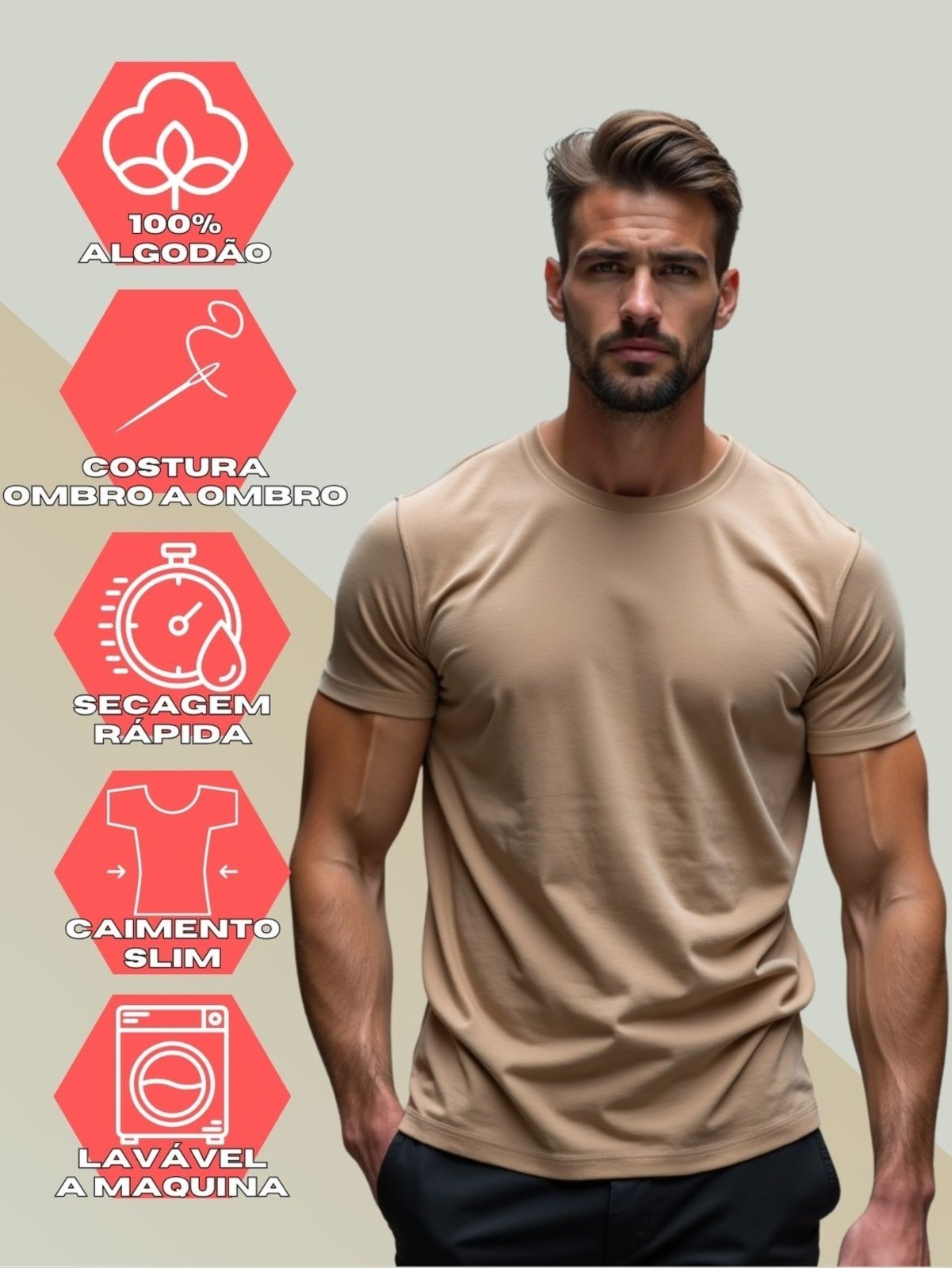 Vista 3 Camiseta Básica Masculina GuGi Lisa T-shirt Moda Camisa Casual Caqui cáqui caqui Gugi cáqui caqui