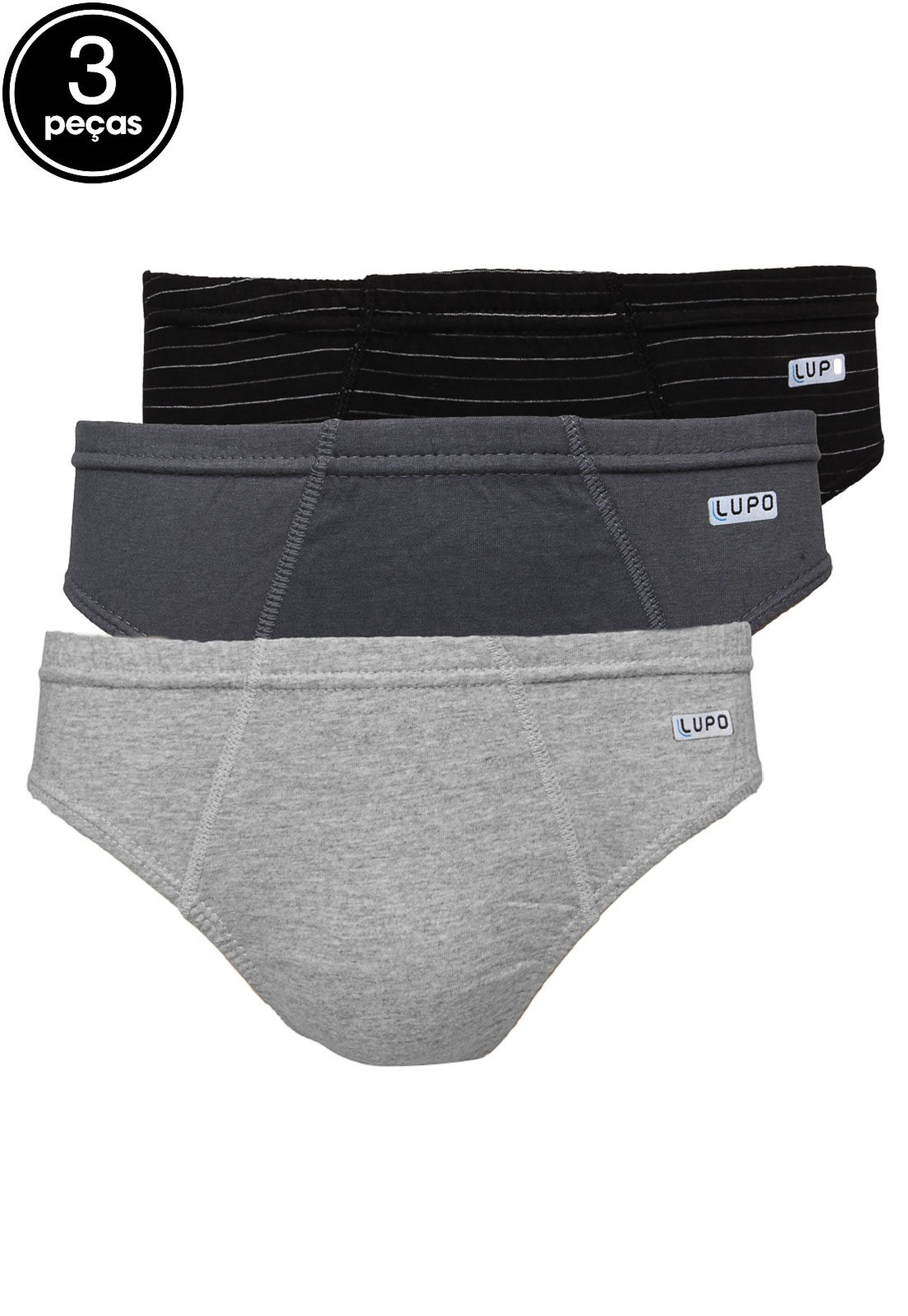 Kit 3Pçs Cueca Lupo Slip Lisa Cinza