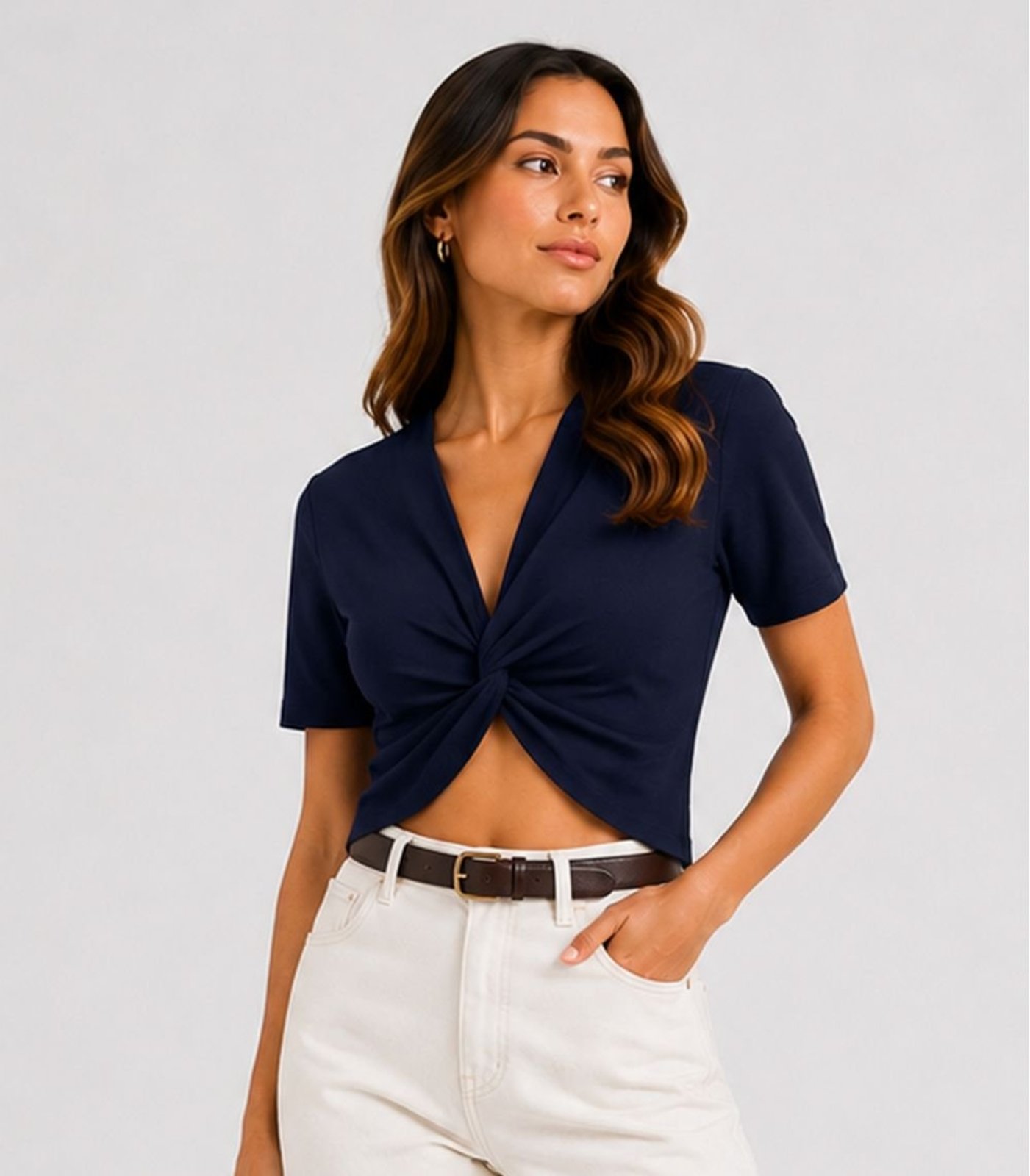 Blusa Feminina Transpasse Formando Nó Infinita Cor Azul Marinho
