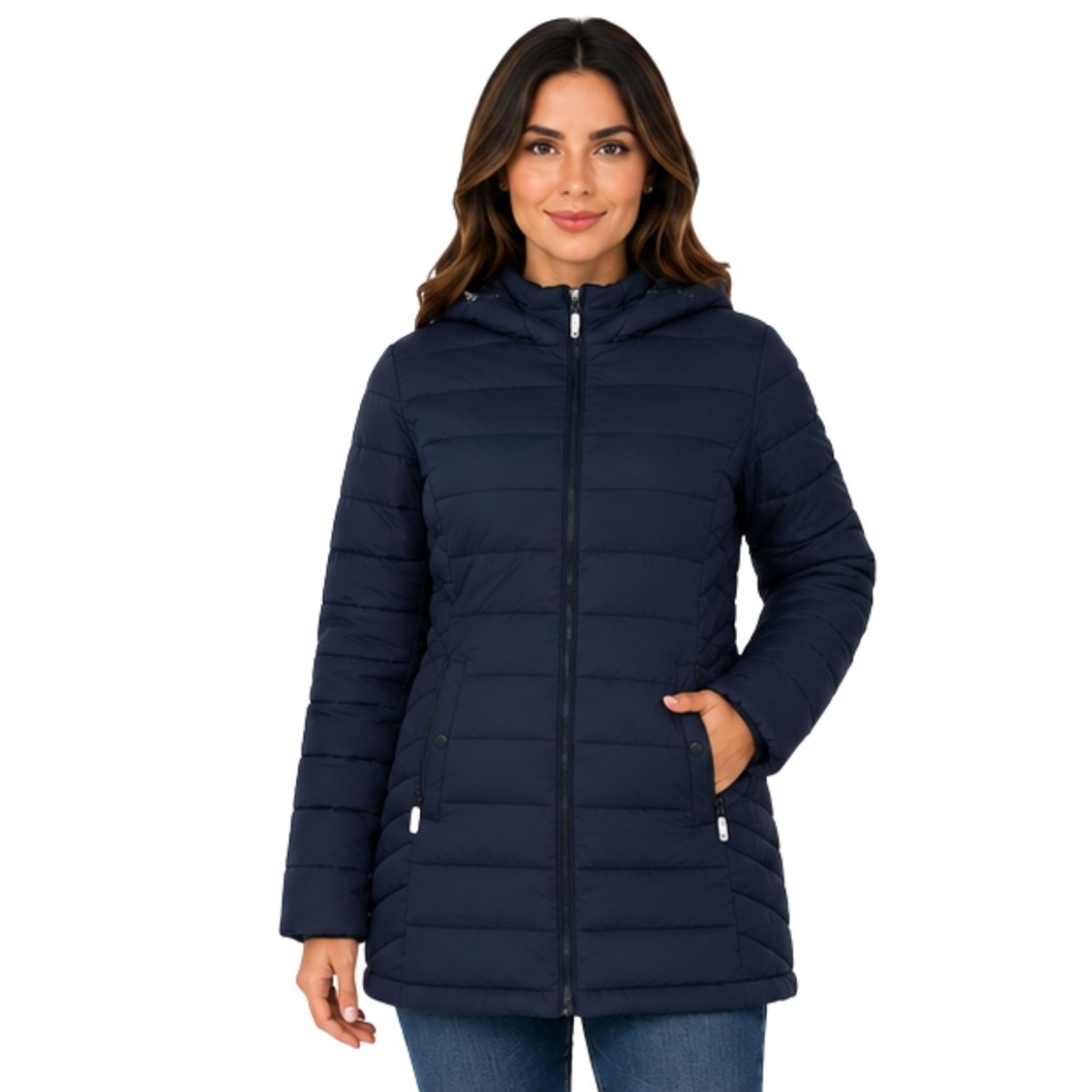 Jaqueta Parka Puffer Feminina Longa Inverno Capuz Casaco Nylon Premium Azul Marinho
