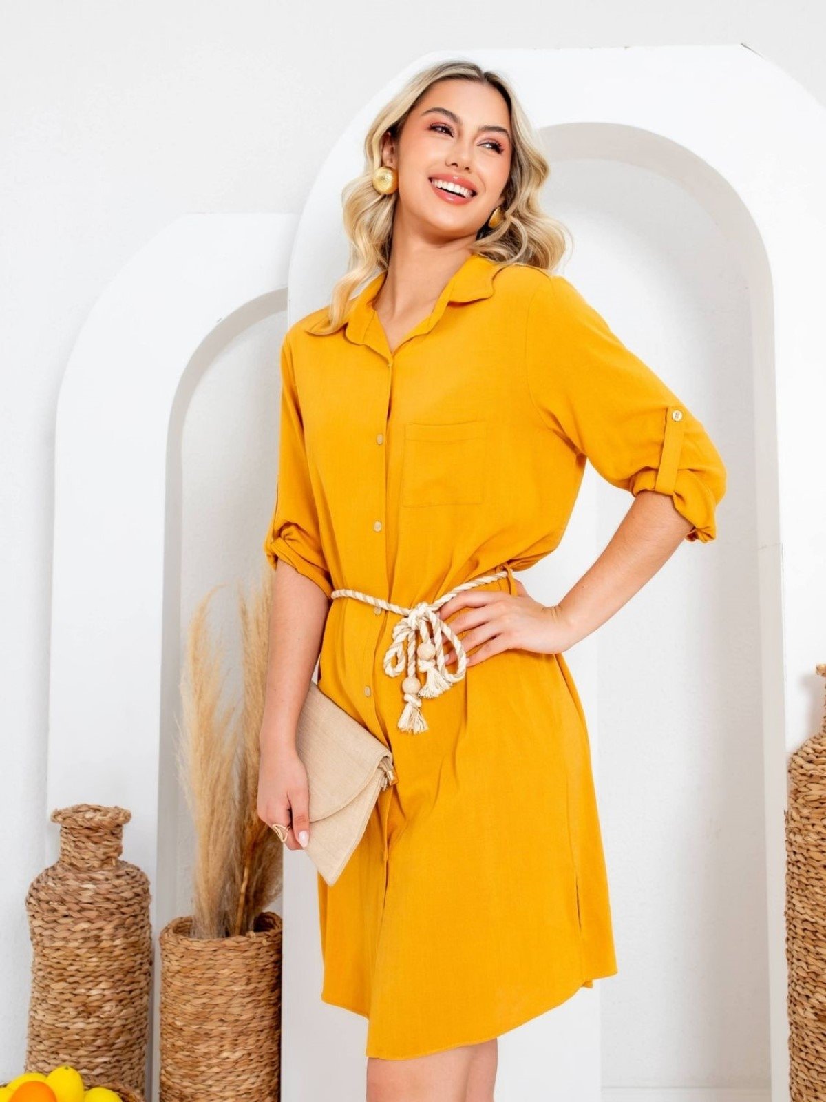 CHEMISE VESTIDO DE VISCOSE DAISY MOSTARDA