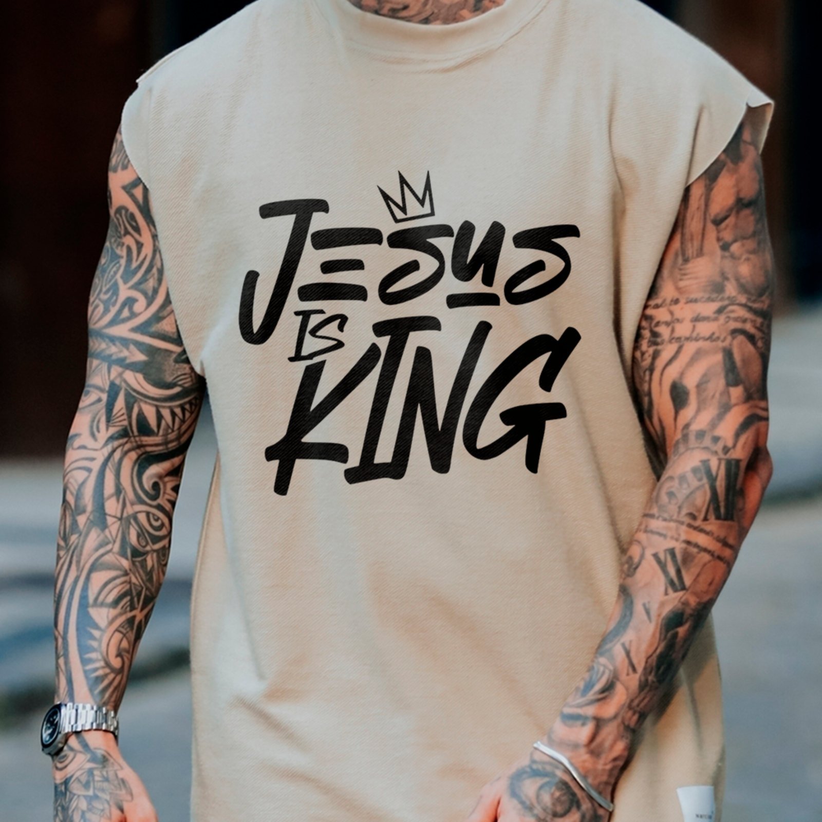Camiseta Regata Machão Gospel Jesus Is King Fé Cristã Off White