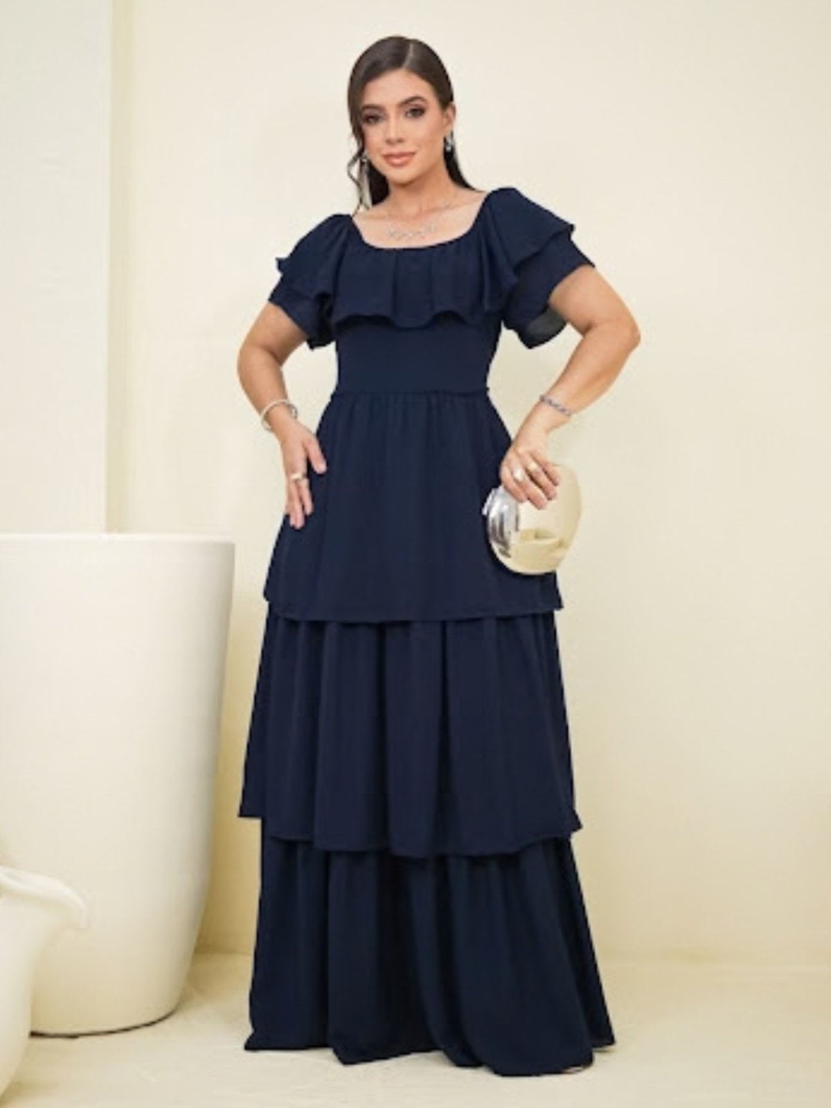 Vestido Longo Feminino Evangélico Elegante com Babados Azul marinho