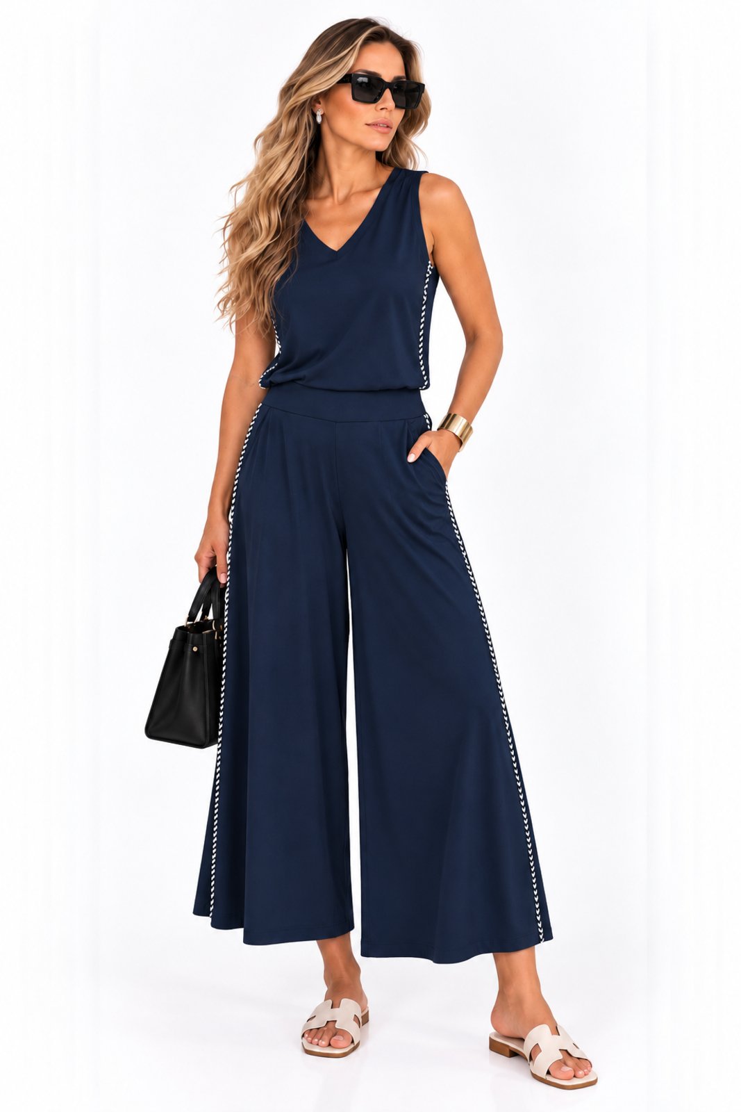 Conjunto Feminino D Bell Outlet Fashion Pantalona Viscolycra Azul Marinho