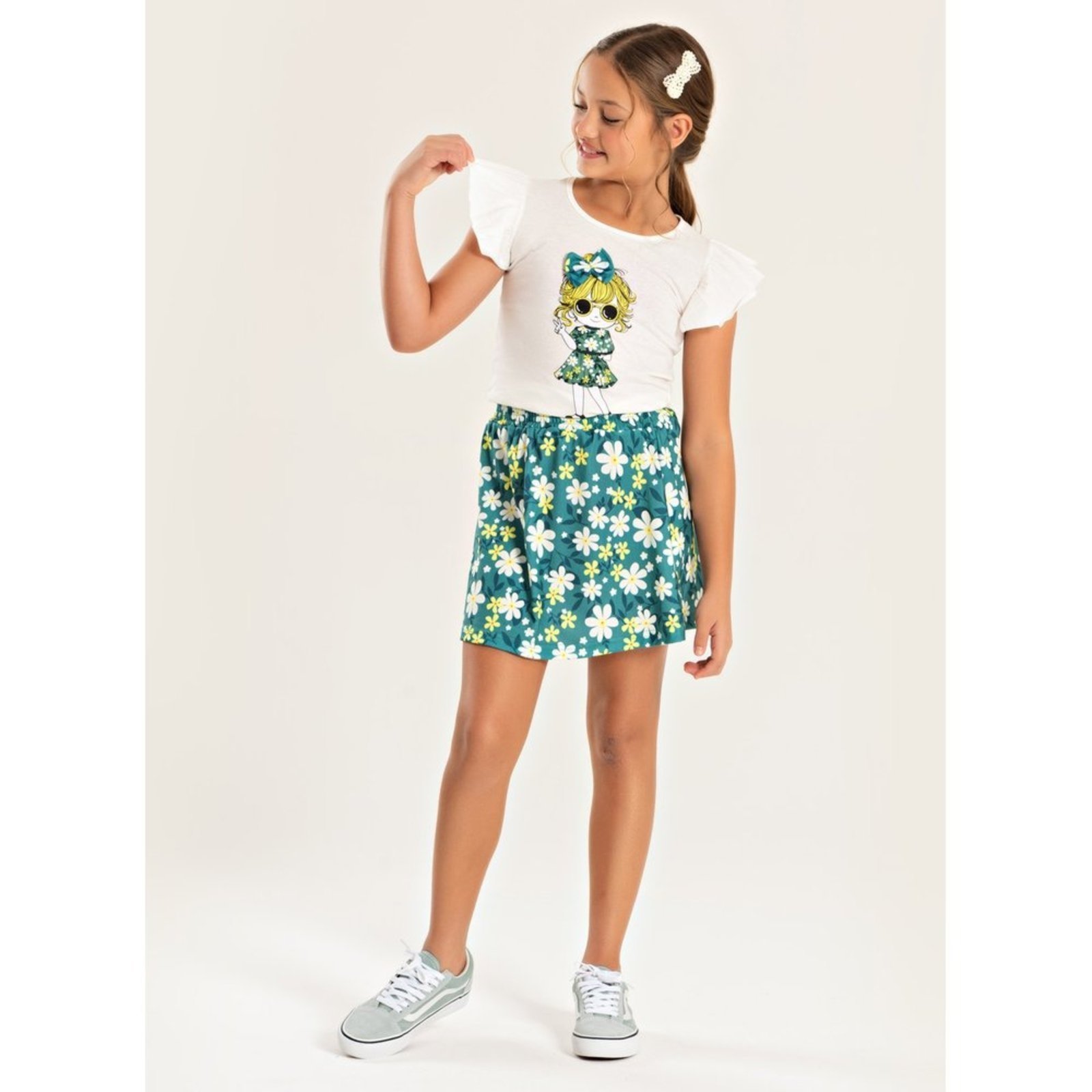 Infantil - Conjunto Verão Menina Natural Blusa com Babado e Saia Boneca Florida