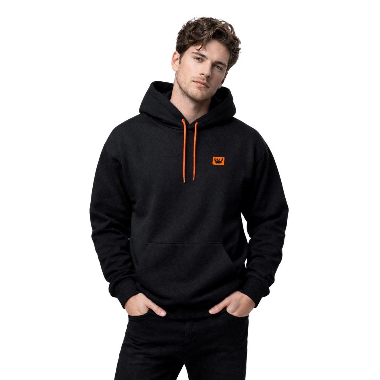 Blusa De Moletom Estampado Siri Relaxado Laranja Neon Com Capuz Bolso Canguru