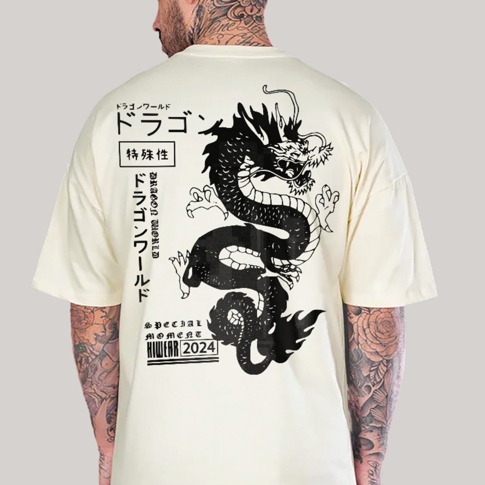 Camiseta Oversized Dragon Oriental Estética Japonesa Off White