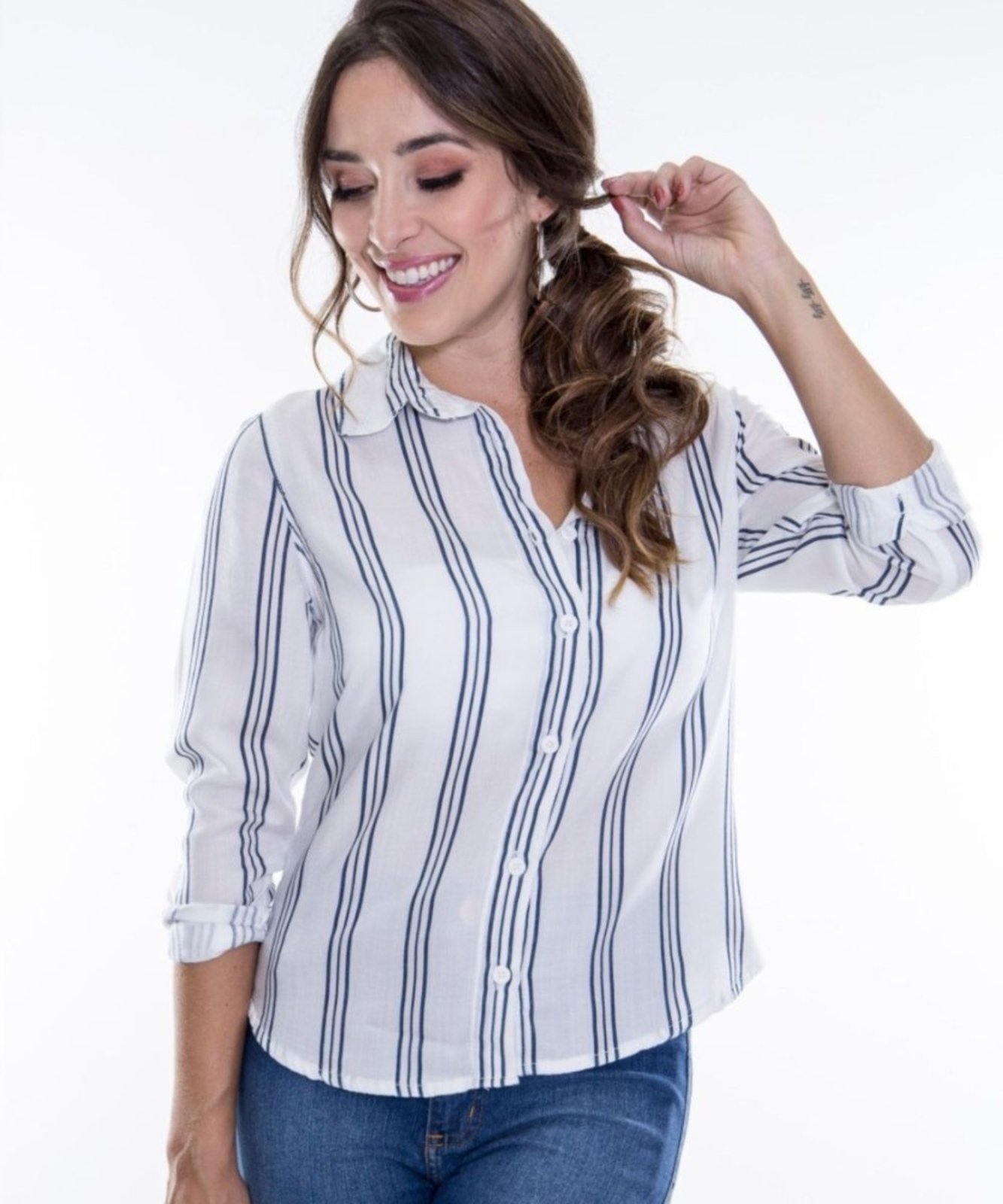 Camisa Feminina Listrada Razon Jeans Azul
