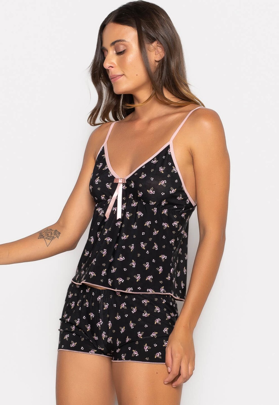 Baby Doll Bravaa Store Liganete Estampado Conjunto Pijama Barato Promoção Super Confortável 086 Preto