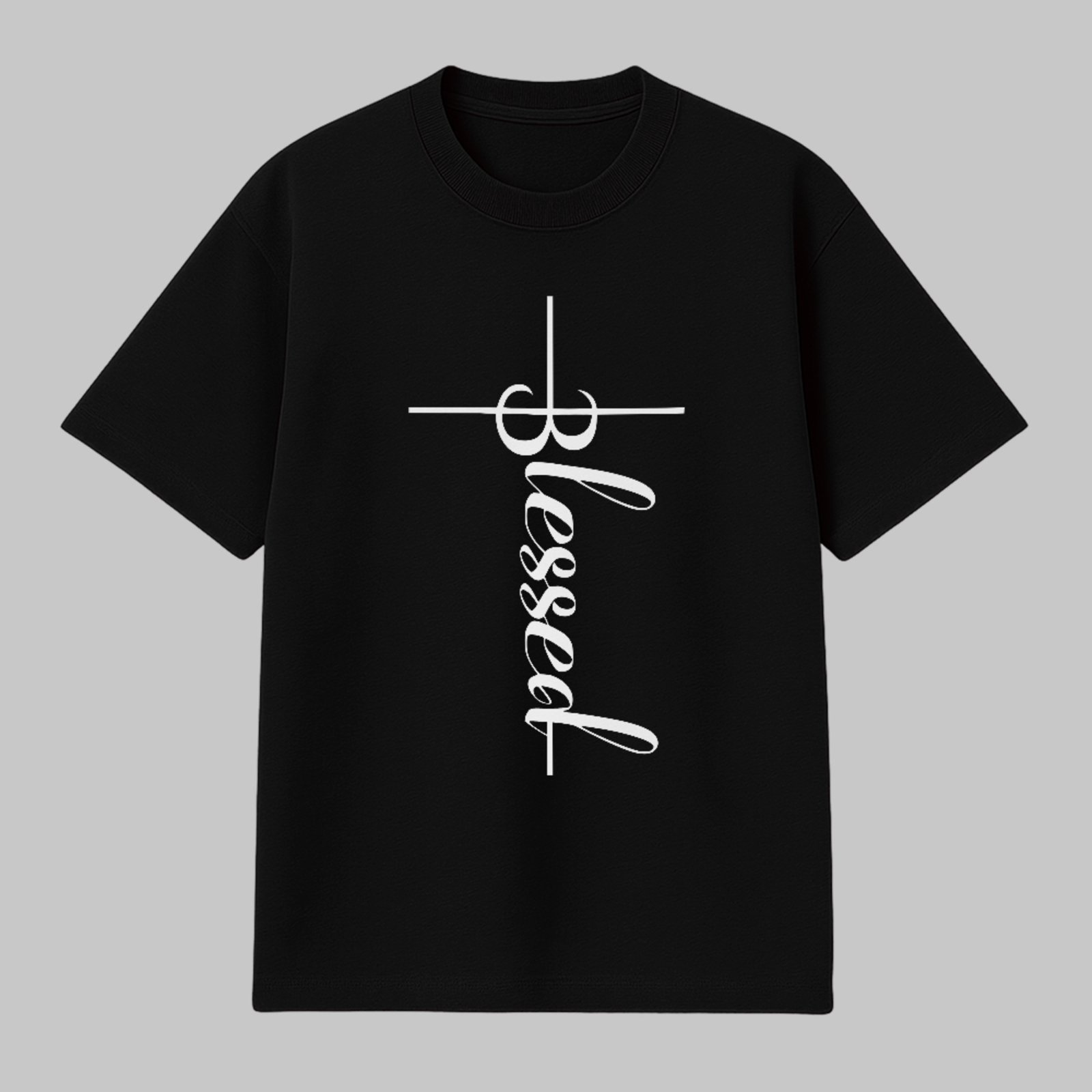 Camiseta Básica Blessed Cruz Minimalista Fé Cristã Style Preto