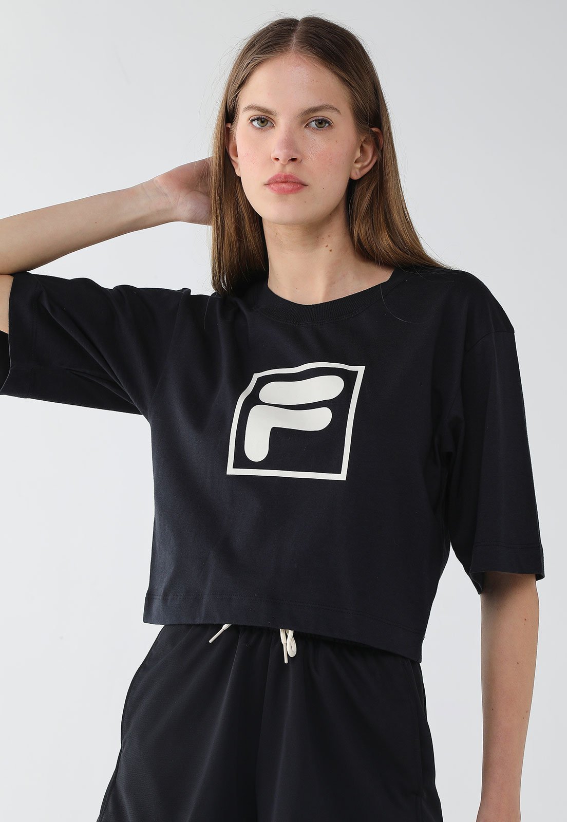Vista 2 Camiseta Feminina Fila Cropped Union Classic Preta preto Fila preto