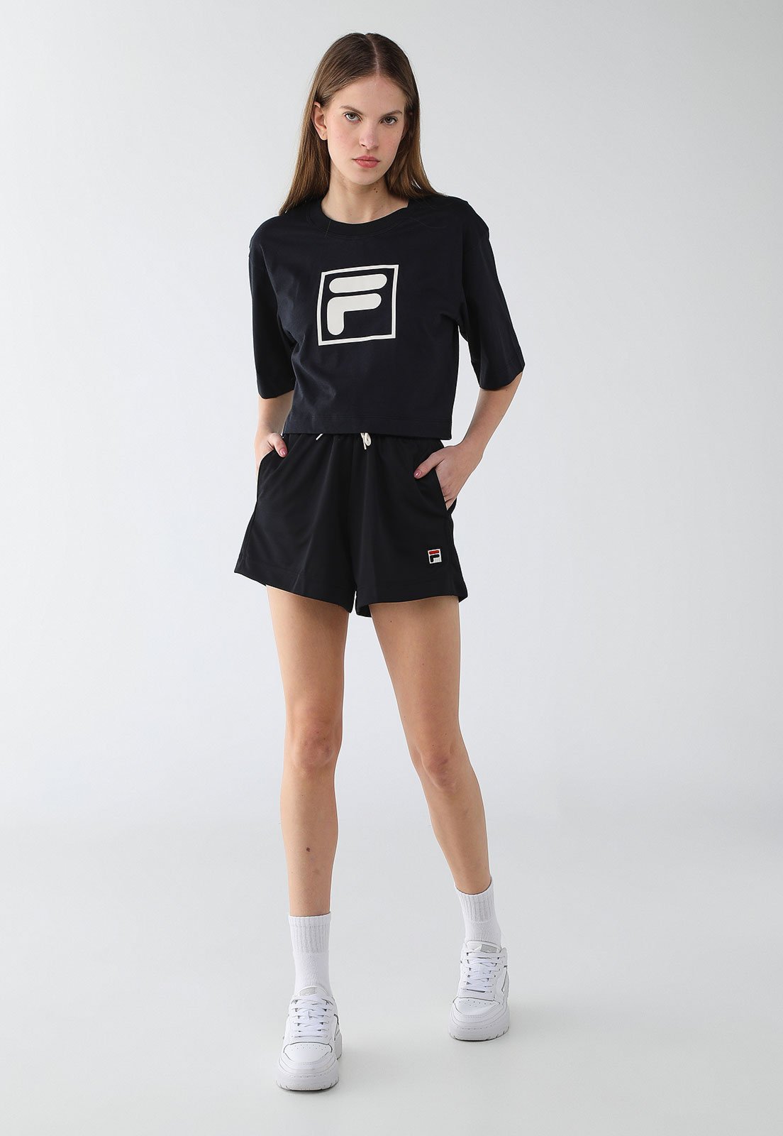 Vista 3 Camiseta Feminina Fila Cropped Union Classic Preta preto Fila preto