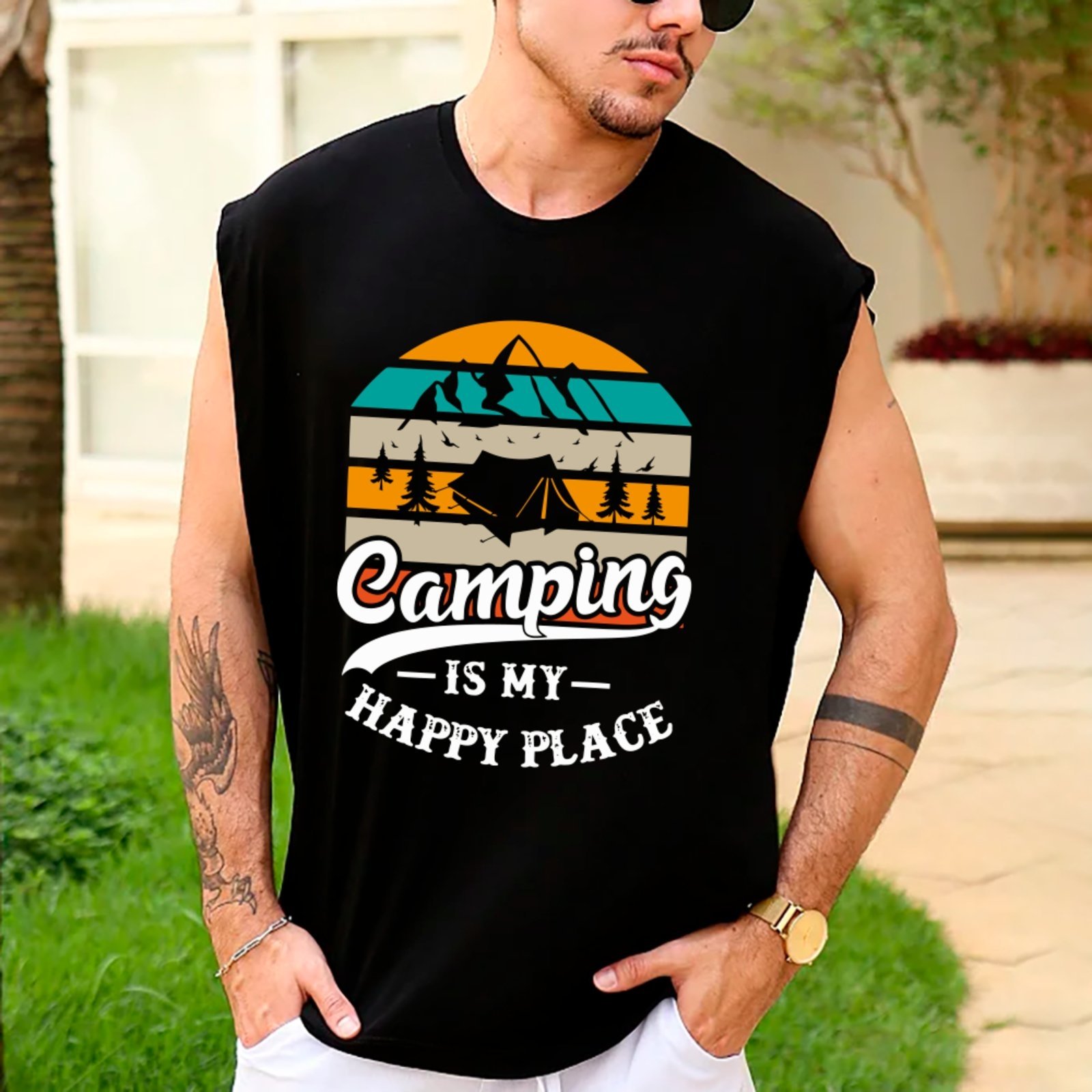 Camiseta Regata Machão Ousy Camping Is My Happy Place Oversized Masculina Preto