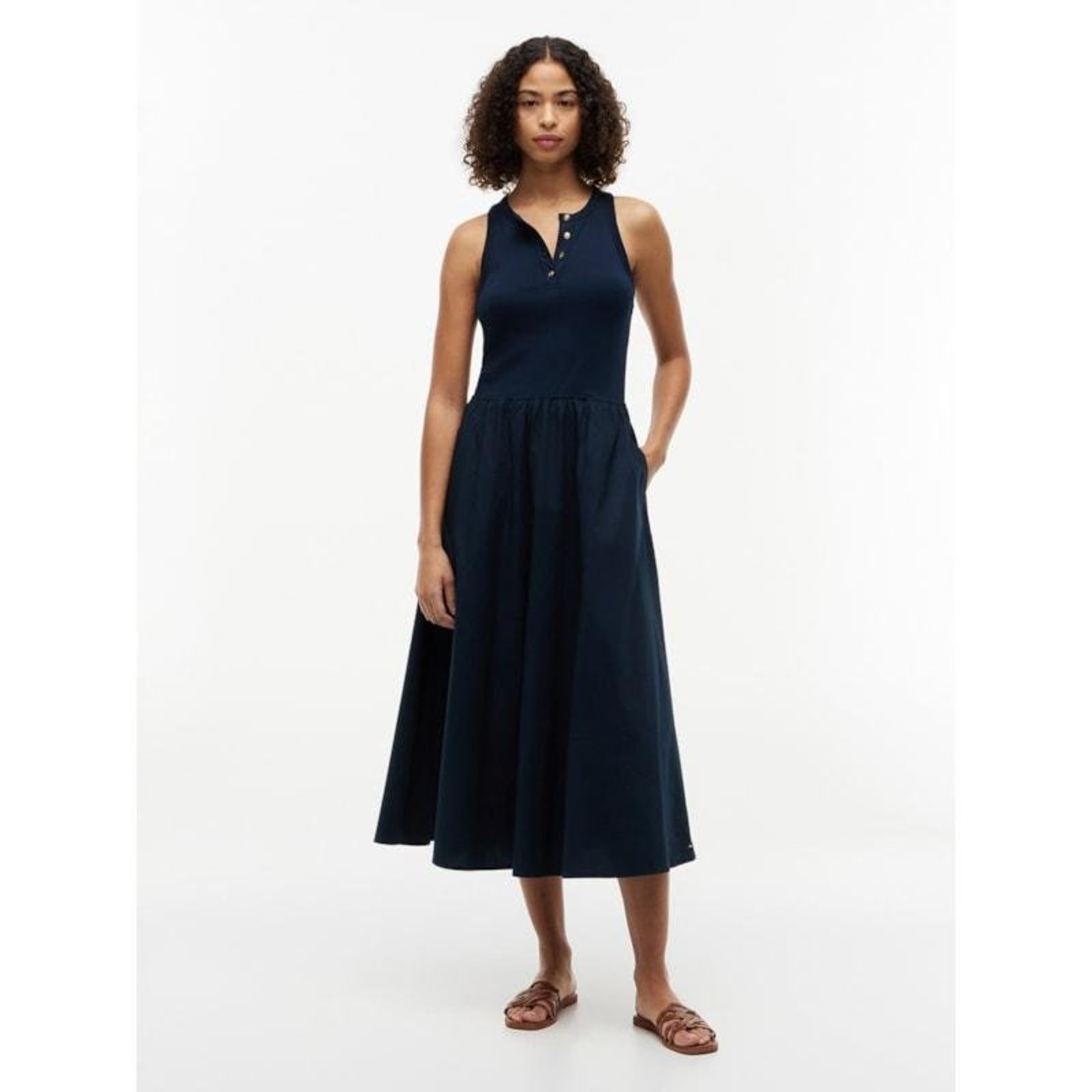 Vestido Maxi sem Mangas com Botões Dourados Azul Marinho