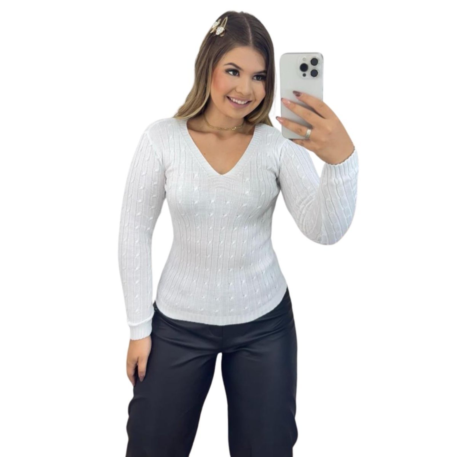 Blusa Feminino FMF Suéter de Tricô Branco Manga Longa